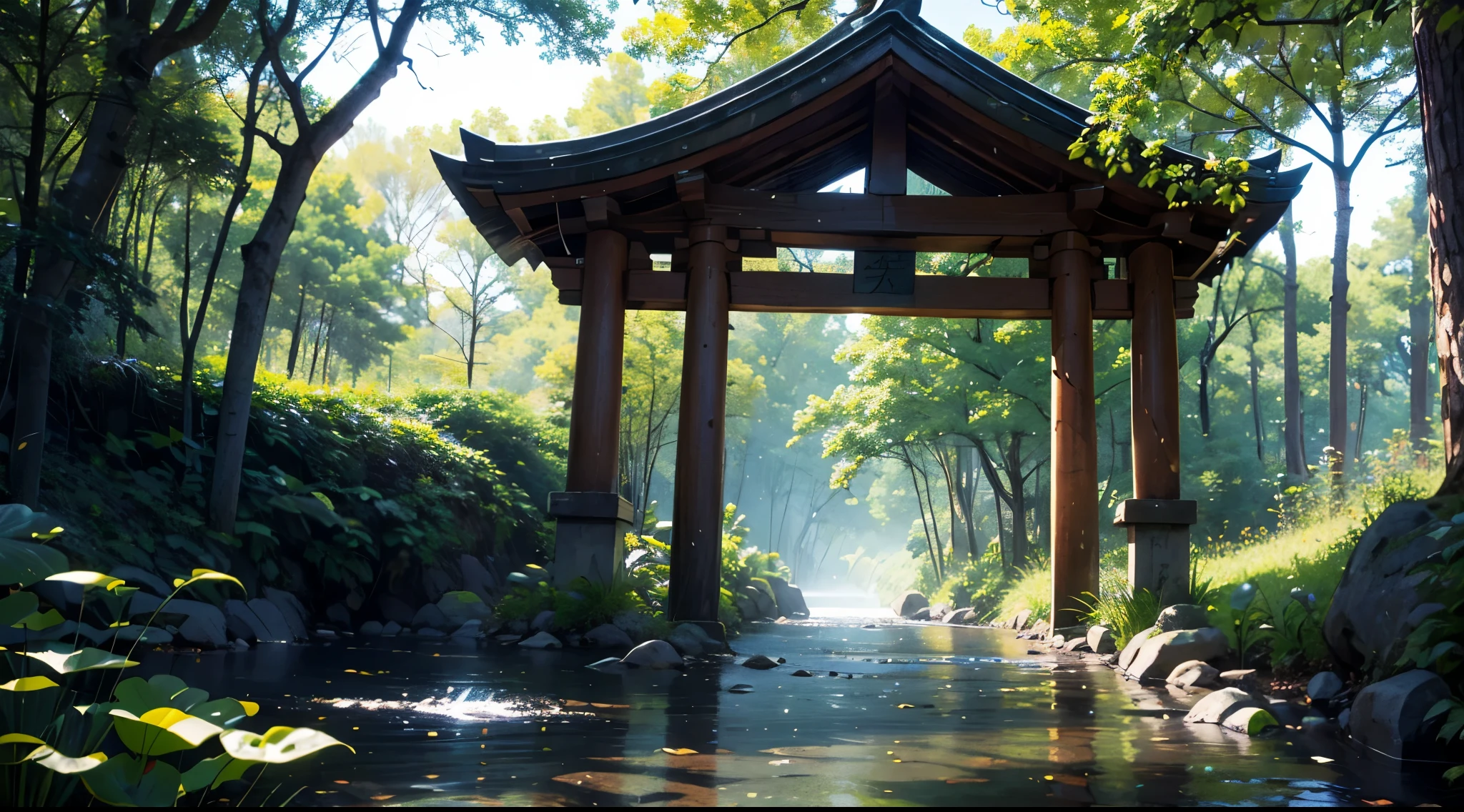 Best Quality、masutepiece、8K、torii gate、The lotus flowers:2、musgo:1.5、the woods、swamp