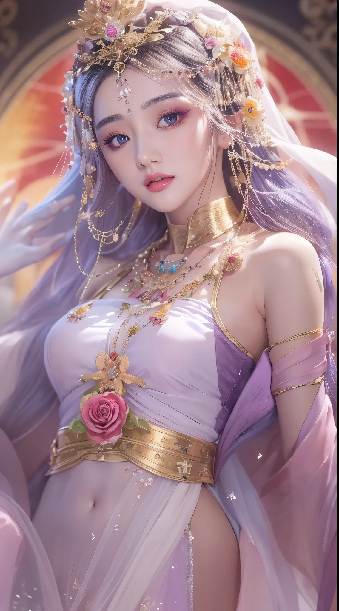 goddess Long Hair, Crystal Earrings, Open your mouth, Sparkle Effect, Anime Style,