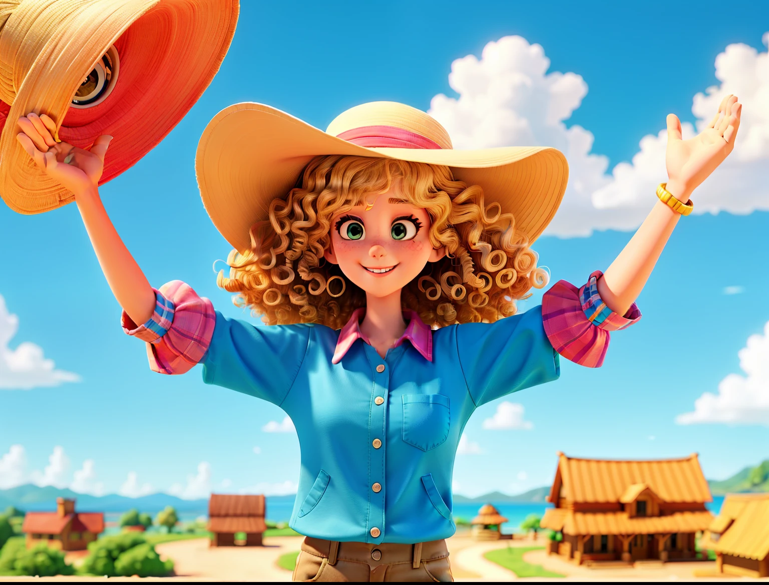 cartoon of a woman named Liz Legge standing, ((facing camera)), (happy), ((short_curly_ blonde_hair)), blue_sun_hat, pink_shirt, khaki_pants, highly detailed, masterpiece, very realistic