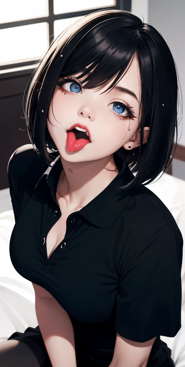 realisticlying、one 16 years old girls、goth girl, Wearing a white polo shirt,Face enhancement,Chest super large zoom,Cleavage emphasis,Looking up from the bottom,Blackening of hair, bobcut hair,Blue eyes、Blushing,Red lips,A sexy,Bed sit,stick out your tongue and open your mouth wide,Sweaty face