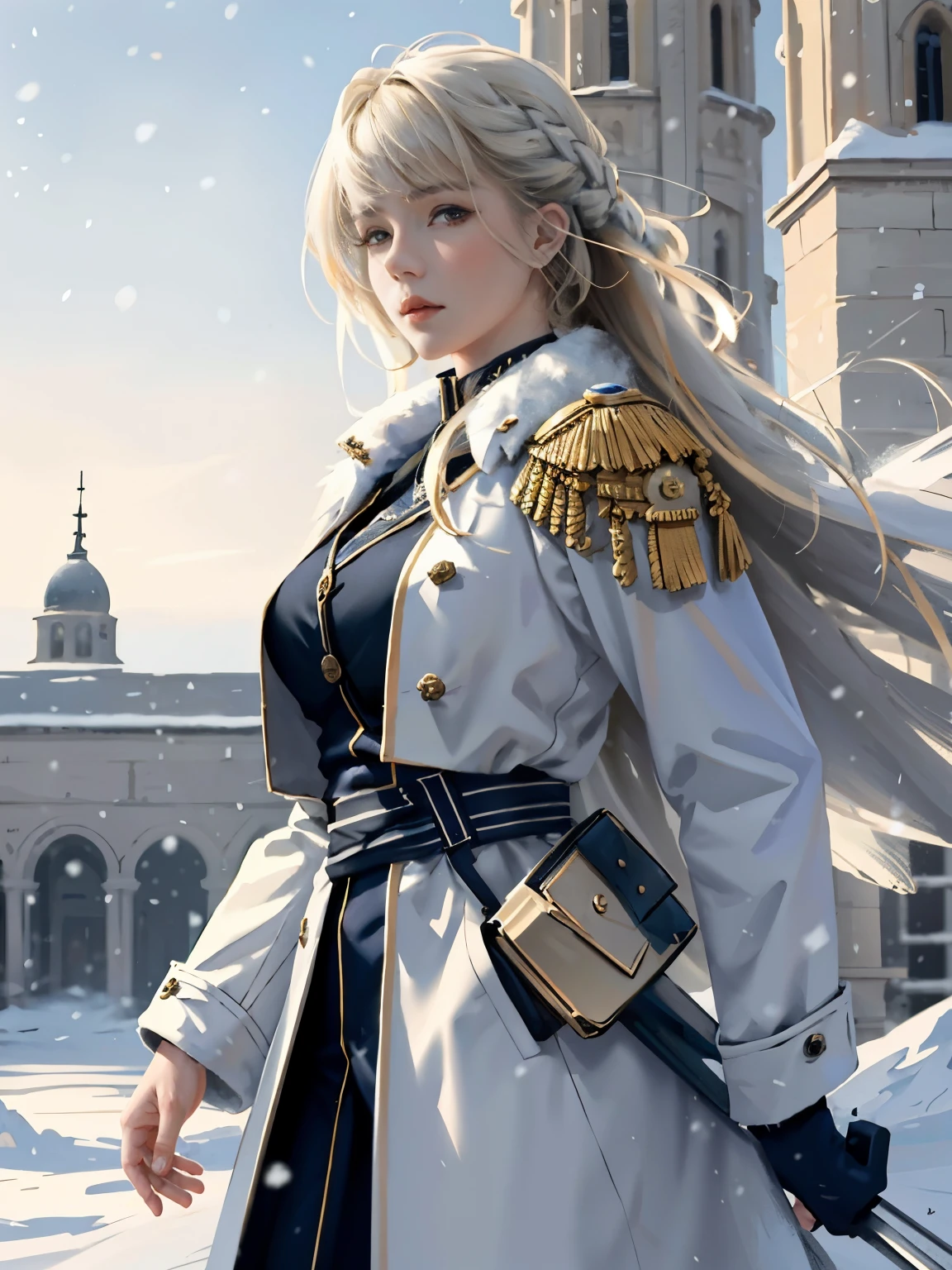 (highest resolution, distinct_image) Best quality, single person, one girl, solo, masterpiece, highly detailed, realistic, long hair, braided white blond hair, (blue military uniform underneath coat), depth of field, outdoor background, falling snow, ((big breasts)), authoritative, dignified, calm and powerful expression, ambient lighting, exquisite facial features, fur trimmed white coat, open coat, looking at viewer, head to waist, in a terrace of a monumental building, (((front bangs))), dynamic angle, striking a pose, photorealistic: 1.6, slim face