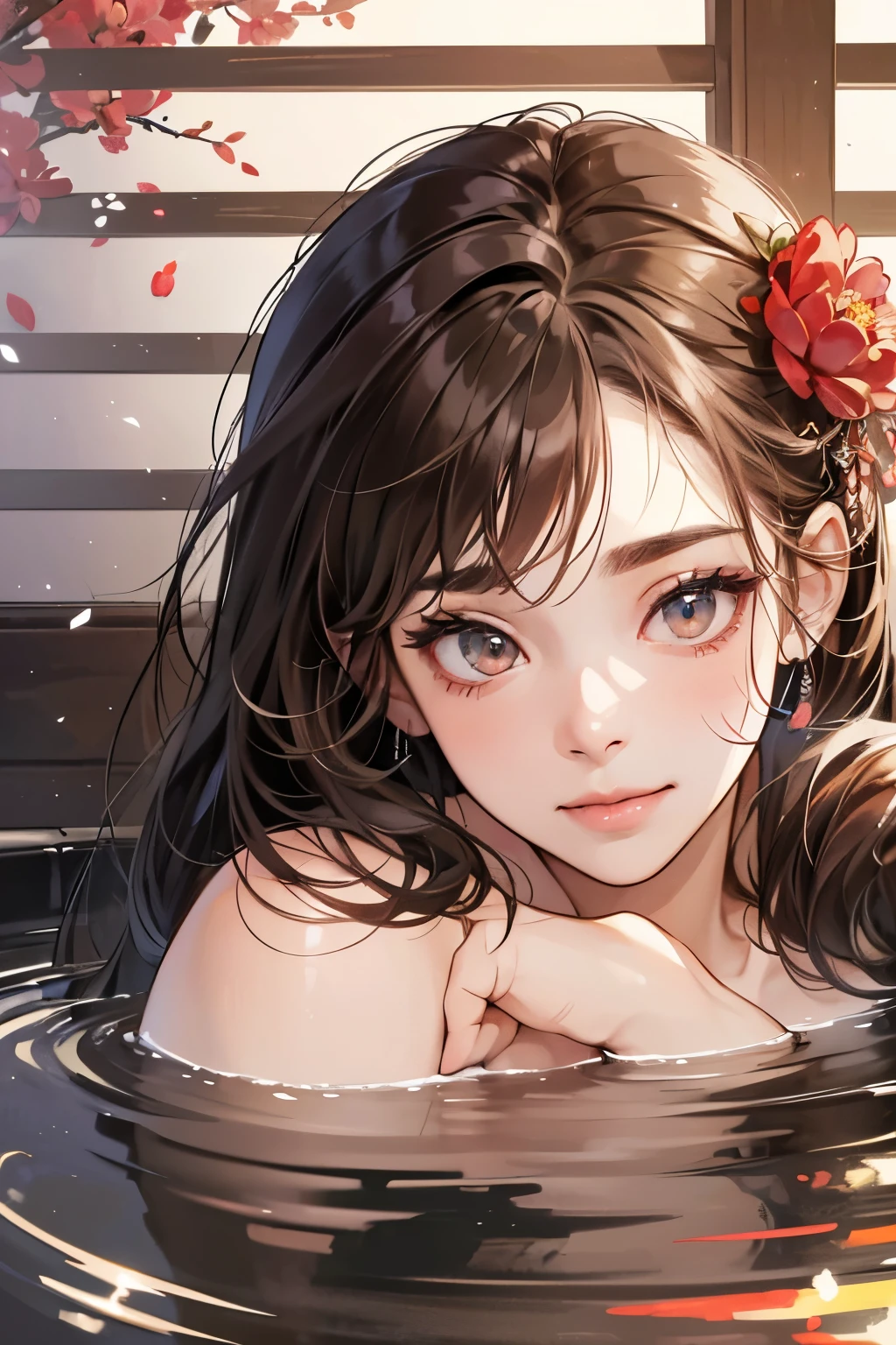 best quality, highres,Slender、brown eyes、tall、black hair、（forehead:1.3),bun hair、(hot spring:1.6)、(naked:1.3)、Silver earrings、shyness、Fair skin、small face