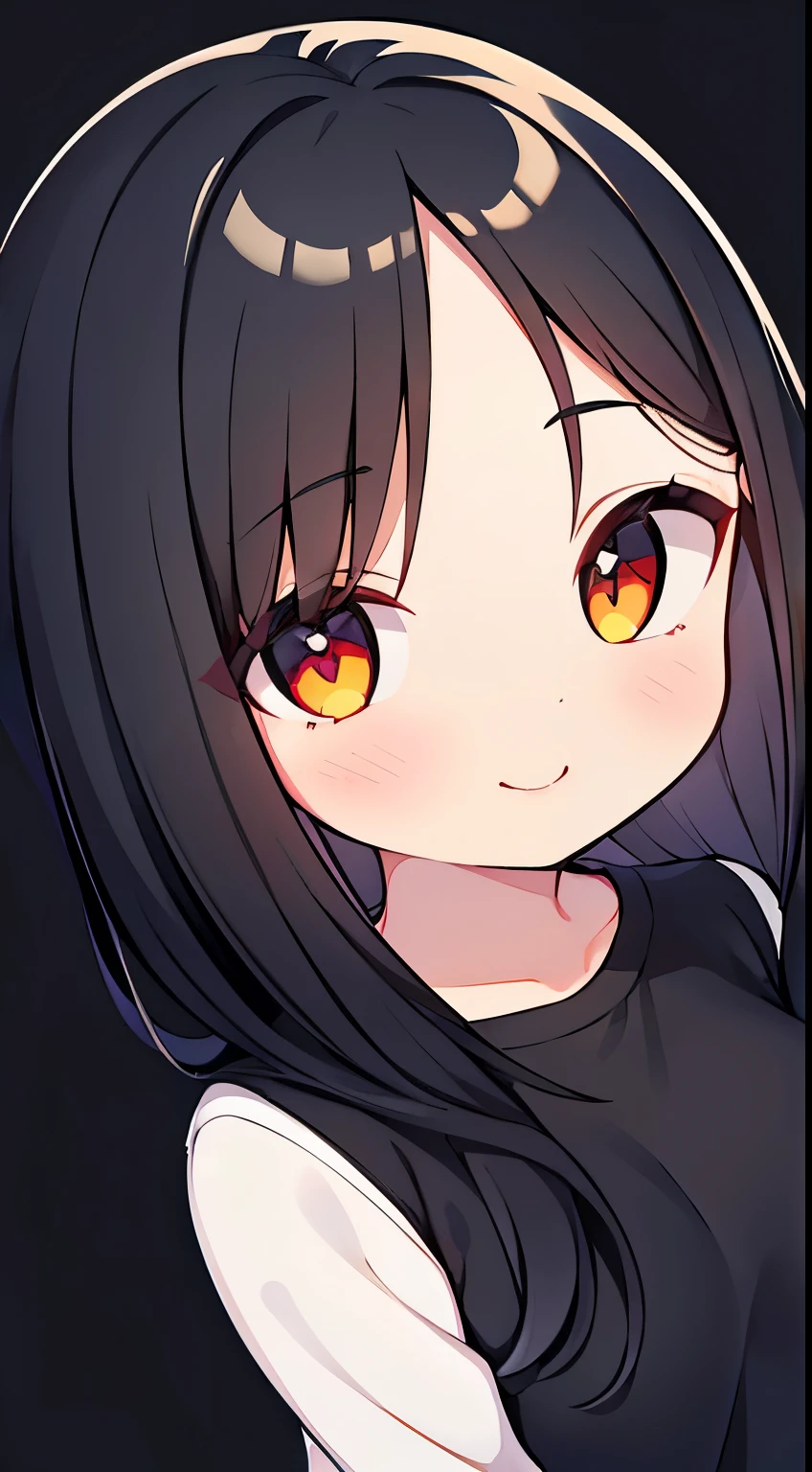 One girl with black hair, hair length until bust, straight hair, hair parted in center of head, round face. hairstyle with a center part, that the hair should be parted down the middle, creating a symmetrical look without any frontal hair covering the forehead. Looking straight. Looking straight at viewers. Smiling. Happy. Wearing casual shirt. Straight pose. Frontal view