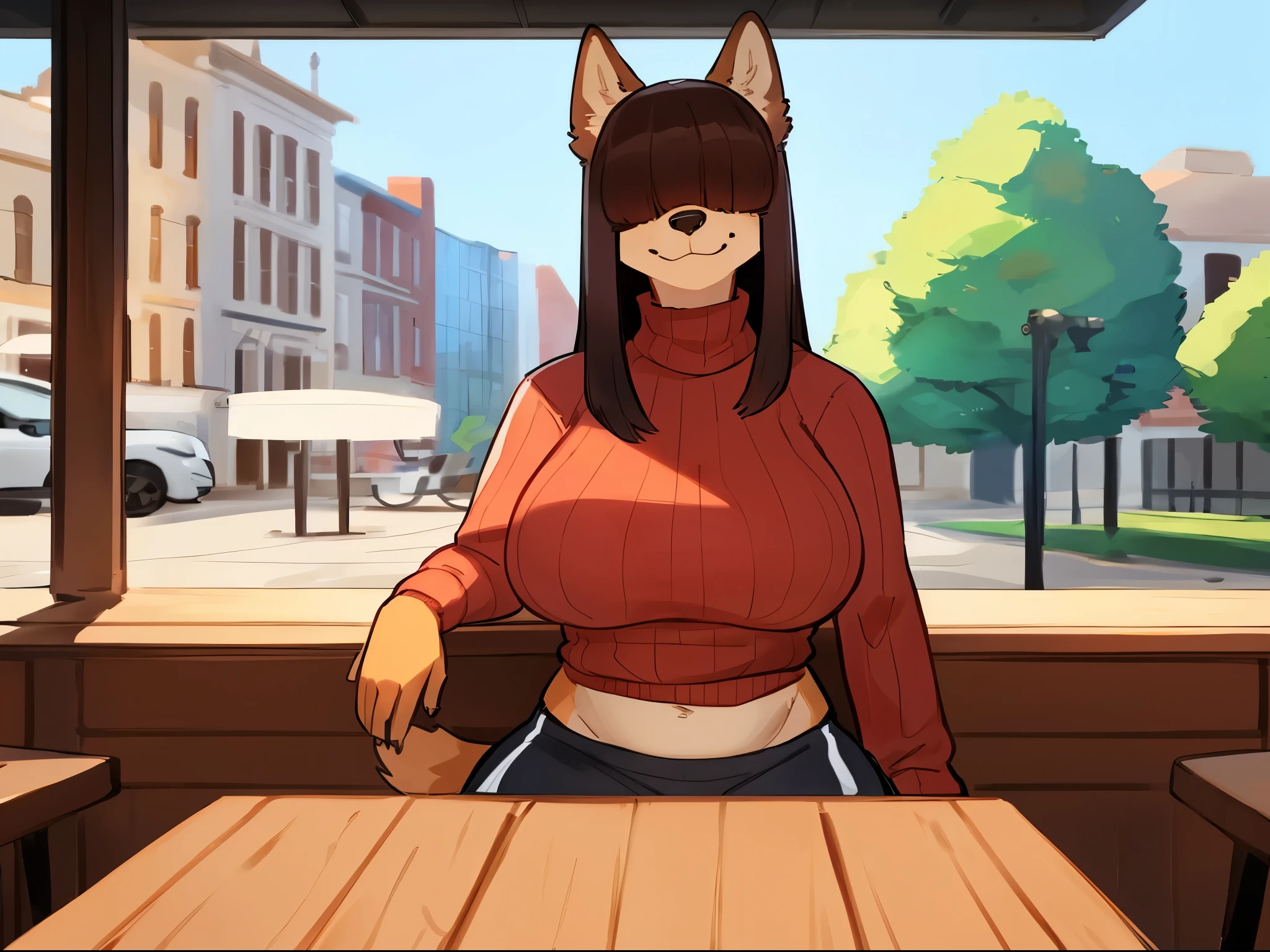 By bebebebebe, by lostgoose, by goonie-san, female, ((canine, snout, hair covering eyes, straight hair, medium hair, flat hair, ears, thin snout)), brown fur, big poofy tail, raised tail, dark maroon hair, (muscular, big breasts), solo, smiling, ((red puffer jacket)), in restaurant, on knees, looking up at viewer, tits out, nipples, open mouth, tongue out, ((cum on tits, cum on face, cum in mouth))