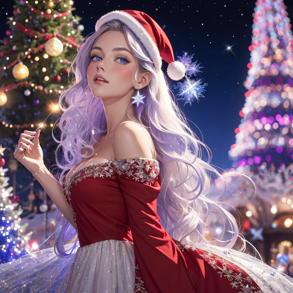 A beautiful woman in a red santa hat under the Christmas tree, Masterpiece of gorgeous girl, sparkling blue eyes, white long wavy hair, fitted violet glittering dress, charming, beautiful, otherwordly, intricate detail, hyperrealism, magical realism, shimmering sparkling air fractals, glowing fairylights