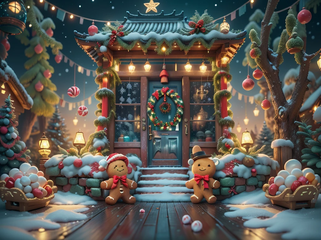 (tmasterpiece),（ultra - detailed:1.3），(Close-up: 1.8), Best quality，（棉花糖一样的白yuki:1.2），（Christmas courtyard in blue fairy tale:1.6），(蓝色门上圣诞decorationlower ring: 1.8),（suns），(((Delicious candies in front of the door，Christmas tree, gifts, Christmas stockings, cute gingerbread man，chocolate house splash))), Illustration style, decorations, Fantasy Christmas small courtyard, Lovely design style, yuki，rays of sunshine，vivd colour、 ((Whimsical and charming fantasy)), Surreal portrait, (Fantasy themed Christmas cabin), (Whimsical Christmas Accessories), (Colorful, Landscape full of candy), (enchanting, 神奇的Christmas tree), (A vibrant one, Candy-colored courtyard), (Candy Road), (candy door) in distance, (Like a mirror, 不对称tmasterpiece钟表配件), (Rich, fantasticcolors), (温暖的rays of sunshine) (four dimensional dream), (enchanting atmosphere), (Playful composition), (生动的rays of sunshine效果), 1.4x realism，hyper HD，Shown in this beautiful scene，(Very meticulous，Reasonable design，Clear lines，High- sharpness，tmasterpiece，offcial art，movie light effect，8K)