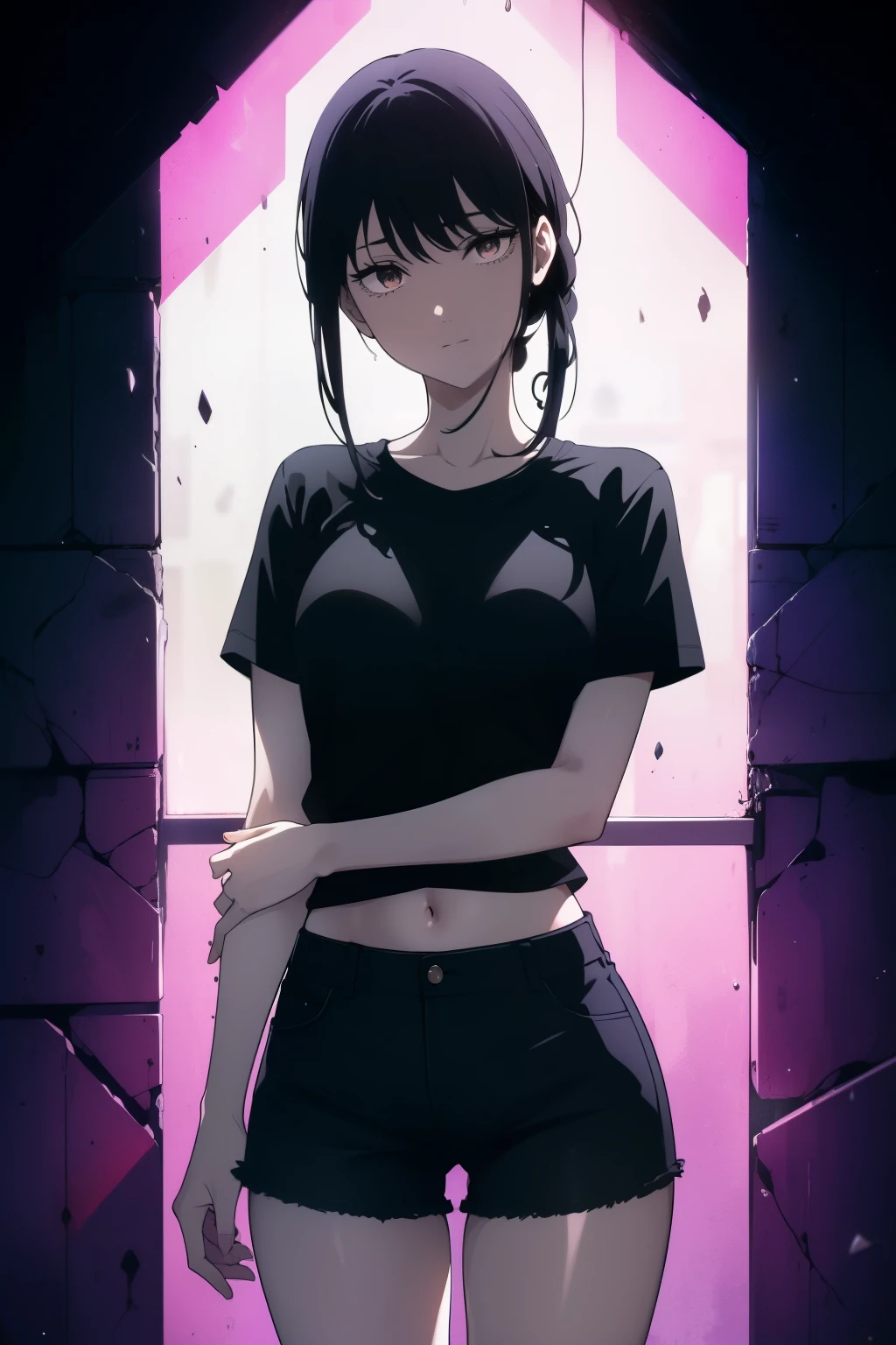 ((((Obra maestra, La mejor calidad, ultrahigh resolution)))), a clear view of a happy looking girl standing in a club waiting for someone)), (black t-shirt, jean shorts, black hair, long dark black hair), pale skin, ((brown eyes)), (glowing_eyes), (ultra detailed eyes:0.7, beautiful and detailed face, detailed eyes:0.9), ((centered)), ((over joyed expression)), ((wide shot)), facing viewer, (((indoor part, purple and black lights, black dancing silhouettes:0.9, rave:1))), medium breasts, looking at viewer, ((perfect hands)), (((head:1, arms, waist in view, hands, elbows, thighs, in view))), lively eyes, beautiful lighting, background, ((defined subject)), 25 years old, (head tilt), (((cool))), ((lively)), (((idling pose)))