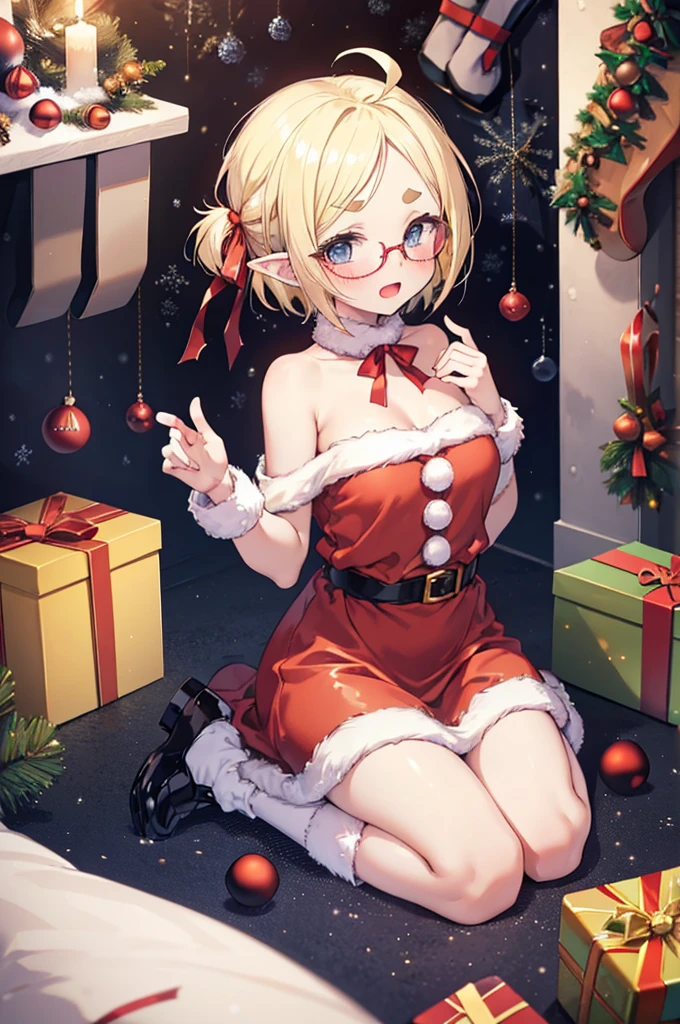 ultra detailed, best quality, high resolution, ((16k)), ((1girl)), pale skin, petite, (glossy blonde hair:1.5), (very short hair:1.5), blue eyes, (ahoge:1.3), (glasses), pointy ears, (blush:1.3), medium breasts, (santa costume), full body, looking away, ((room with fireplace)), (Christmas tree:1.5), ((wariza)), smile, ((fang)), ((chibi:1.2)), (forehead:1.3), (thick eyebrows), open mouth, ((glowing background)), ((hair red ribbon))