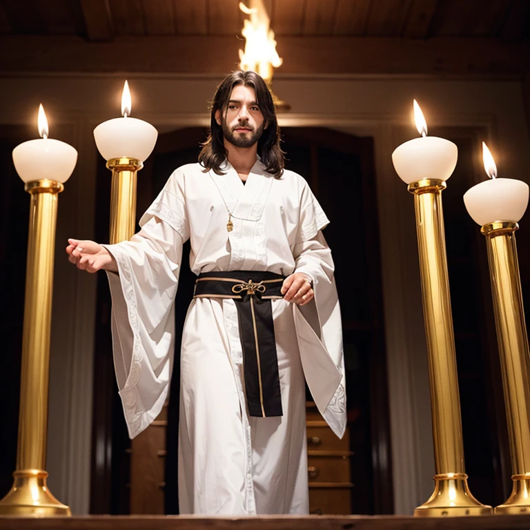 And I turned to see who was talking to me. And when I turned, I saw seven golden candlesticks; and in the midst of the seven candlesticks, one like the son of Home, clothed in a long garment down to his feet and girded about his chest with a golden belt. And his head and hair were white like white wool, like snow, and his eyes were like a flame of fire; and his feet were like shining brass, as if he had been refined in a furnace; and his face was like the sun, when in its strength it shines. He is Jesus, with the fart part completely closed.