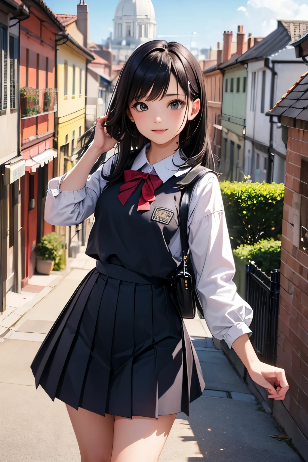 very cute and beautiful school girl,teen,(highly detailed beautiful face and eyes:1.2),
smile,black hair,seifuku,(pleated navy blue mini skirt),dynamic pose,dynamic angle,looking at viewer,
many european houses with red roof,(town overview:1.2),
(best quality,masterpiece:1.2),intricate details,extremely detailed,ultra-detailed,8k resolution,solo,natural lighting,
hair fluttering in the wind,beautiful detailed sky,