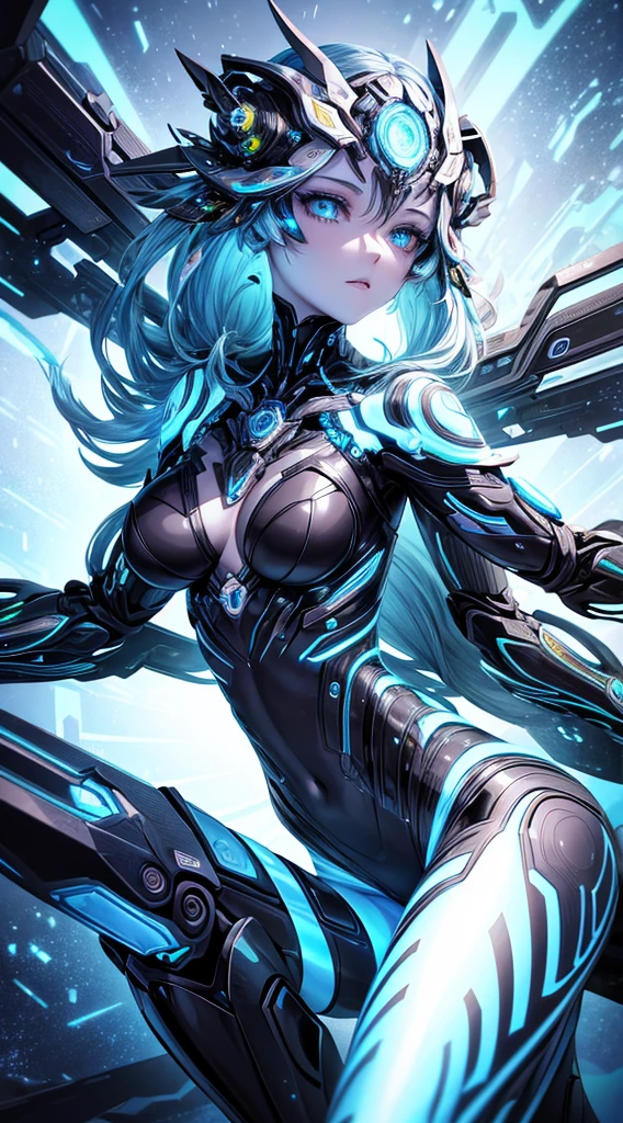 An android-like female figure, her metallic skin engraved with luminous fractal designs, reclining against an abstract, fractal-generated construct of iridescent colors and shapes that seem to exist in multiple dimensions simultaneously.