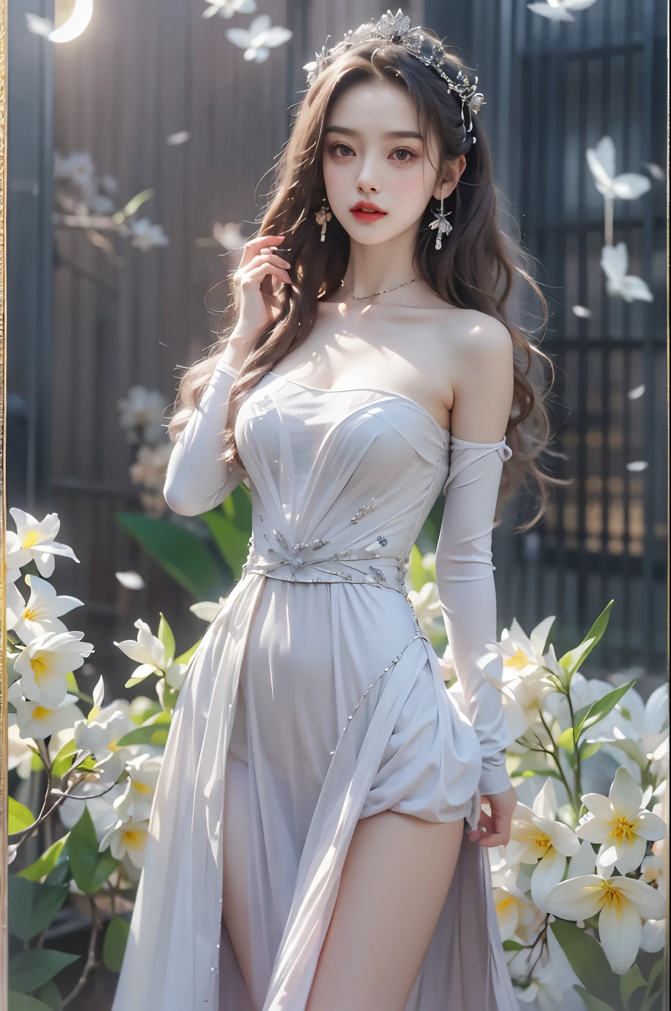 long skirt,exposed bare shoulders, ((Knee Shooting)), Robbery girls, Redlip, a matural female, cosmetics, フォトリアリスティック、real photograph、((realistically:1.5))、There are white phalaenopsis around the hair,Lilac dendrobium、white lilies、1 girlirl、Brown hair、floated hair、A plump chest, slim toned body, Attractive legs, Pose gracefully, Have extremely beautiful facial features、Hairpin on the head、perfect hand、(springtime、the night、themoon、precipice)、 vectorial art、Chinese contemporary art、gentlesoftlighting、looking-down