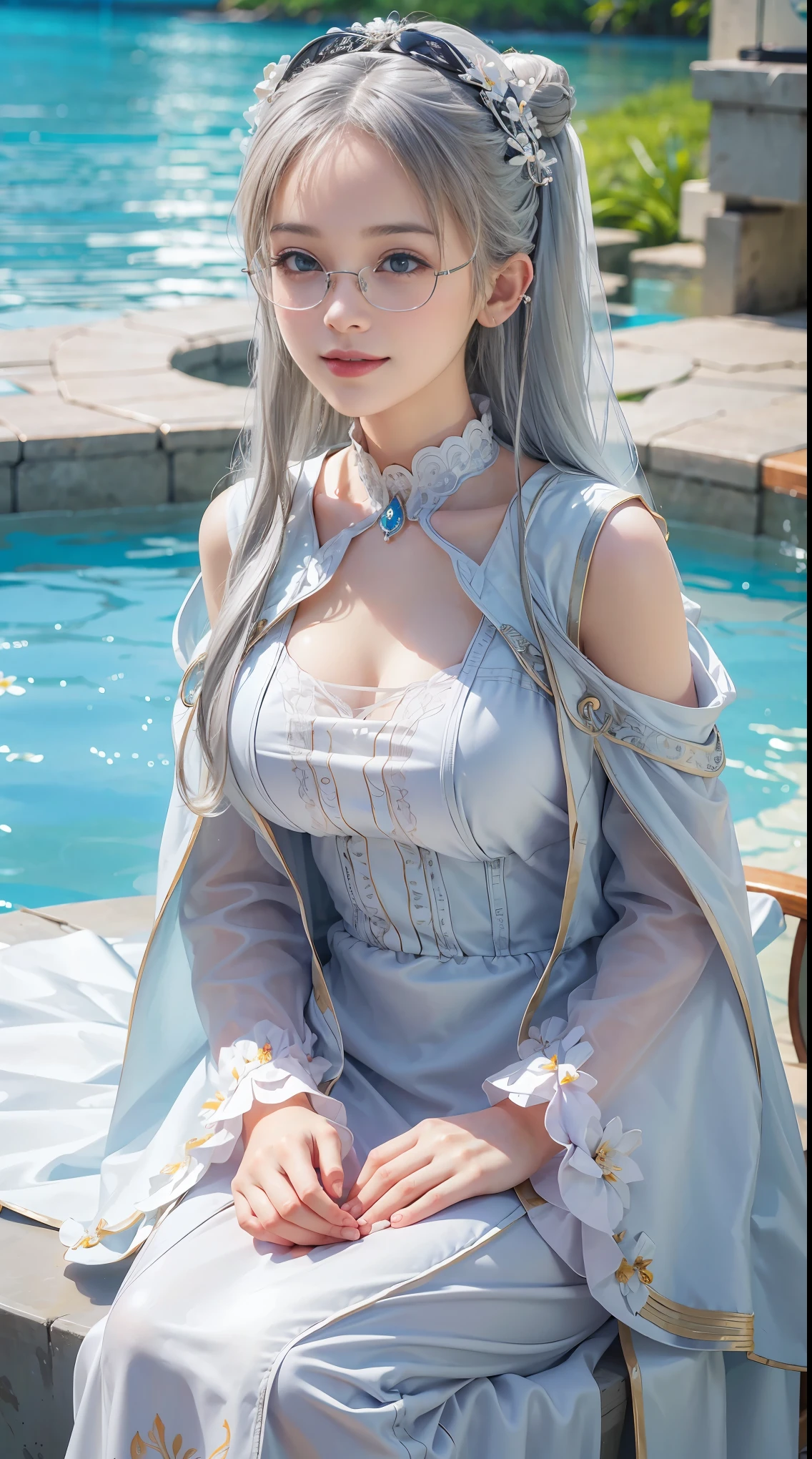 best quality,highres,ultra-detailed,realistic,photorealistic:1.37,portrait, intricate white long dress, ((modest dress)), standing, in middle of pool, wearing glasses,silver long hair,bun hair,smiling woman,close up to abs, ((large breast)), beautiful detailed eyes,beautiful detailed lips,flower petals on air, vivid colors,studio lighting,soft sunlight, happy face, shy, blushing, leaning back on chair