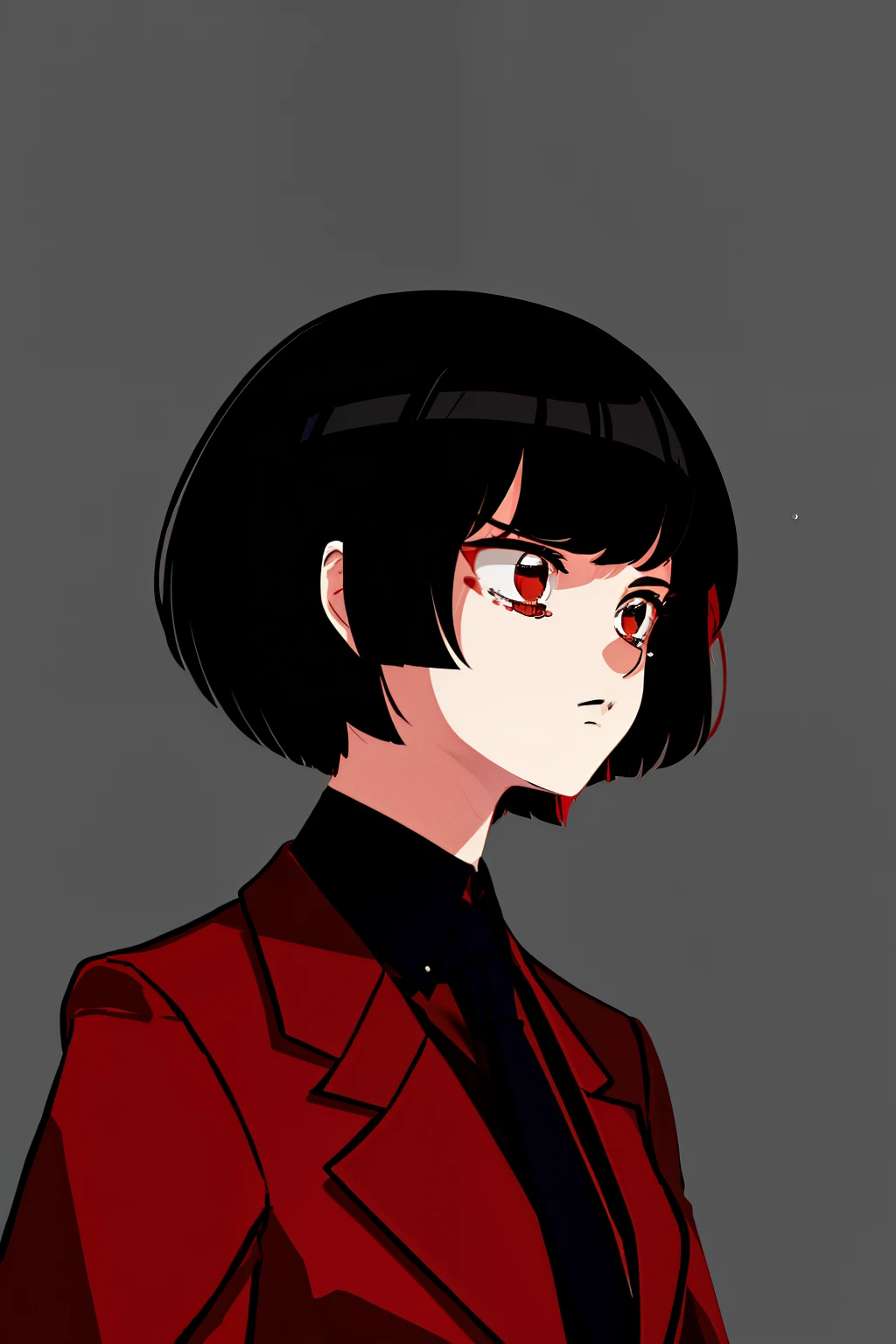 a 1girl, body complet, very detail, a lot of details, very extremely beautiful,  ((tmasterpiece, minimalism)), (Short Hair Hair), black necktie, Red shirt, Dark colors, (looks into the distance, red coat, Crying, Very sad, teardrops)