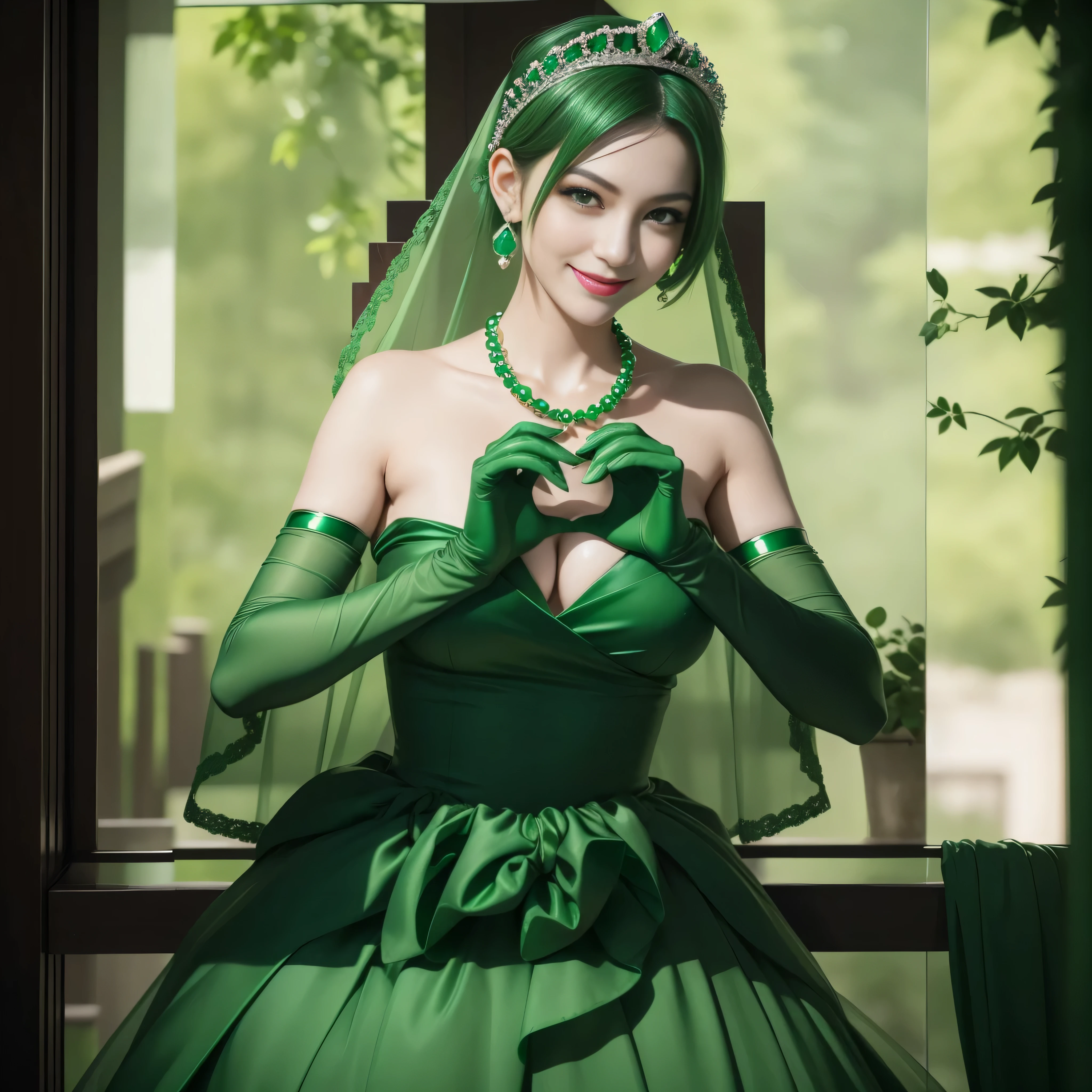 emerald tiara, Green Pearl Necklace, Boyish very short green hair, lipsticks, Japan woman smiling, very short short hair, big breasts beautiful, Green eyes, Long green gloves made of satin material, Green eyes, Emerald Earrings, green vale, Heart with both hands, Green hair