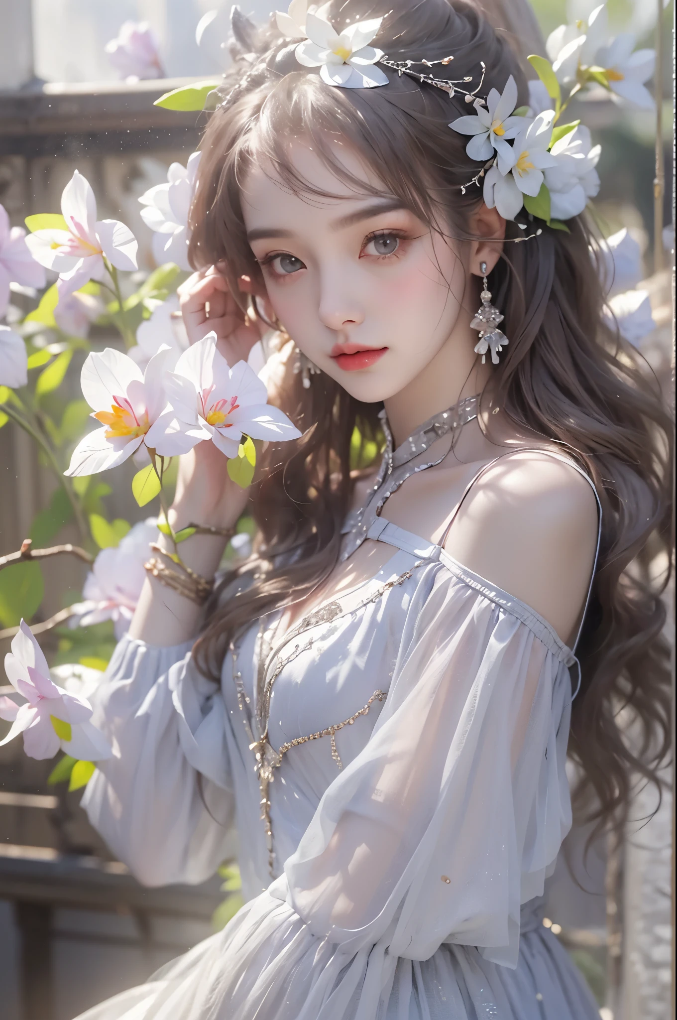 long  skirt,exposed bare shoulders, ((Knee Shooting)), Robbery girls, Redlip, a matural female, cosmetics, フォトリアリスティック、real photograph、((realistically:1.5))、There are white phalaenopsis around the hair，Lilac dendrobium、white lilies、1 girlirl、Brown hair、floated hair、A plump chest, slim toned body, Attractive legs, Pose gracefully, Have extremely beautiful facial features、Hairpin on the head、perfect hand、(springtime、the night、themoon、precipice)、 vectorial art、Chinese contemporary art、gentlesoftlighting、looking-down