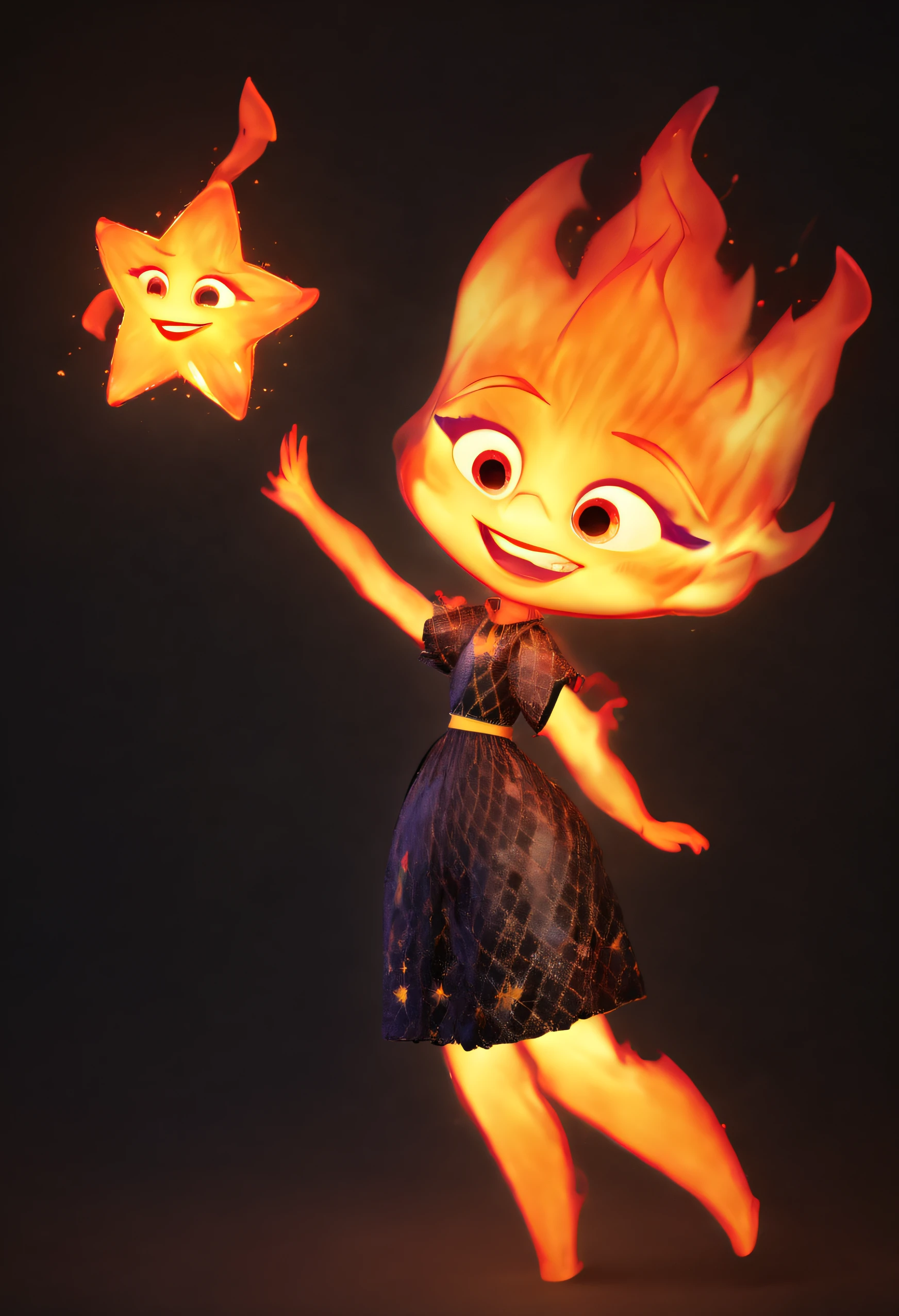 concept art ember lumen, cute small ember, small ember holds a toy star and reaches up with her hand to up, raised hand, stretches upwards, happy, ((excited) ember lumen face), view from the side, three quarters view, highly detailed 3d render, perfect vfx, vivid fire artstyle, black background