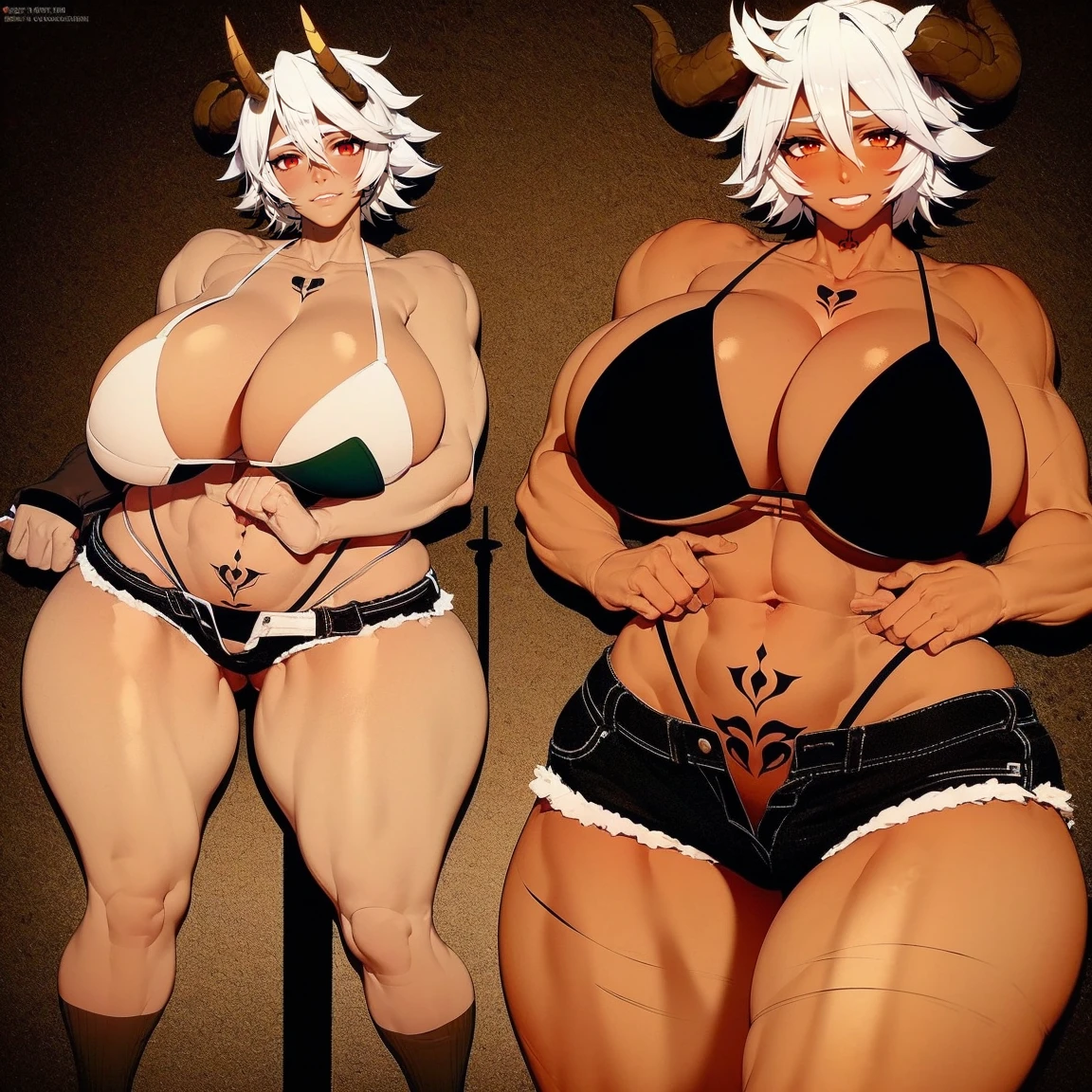 helga, dark-skinned female, short hair, silver hair, bikini, horns, red eyes, shorts, huge breasts, no wings, muscular female, thick thighs, thick arms, tomboy,full body tatto,, no tail,fertility tatto, breeding tatto,smug, holding axe, reflection light, blending, bloom, god rays, ray tracing, Fujicolor, drop shadow, Gothic art, anime, Ghibli-like colours, anime style, UHD, retina, masterpiece, ccurate, anatomically correct, textured skin, super detail, high details, high quality, award winning, best quality, highres, 1080P, HD, 4K, 8k, 16k,