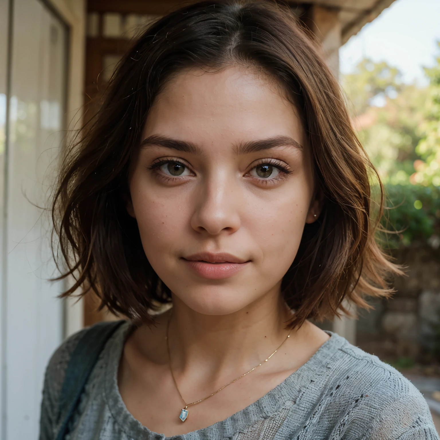 Gere uma imagem realista de uma jovem exploradora digital chamada Aurora Santos. Ela tem 25 anos, tem olhos castanhos expressivos e cabelos pretos com brilho natural. Its appearance is vibrant and authentic, reflecting a mix of curiosity and elegance. Vista-se com estilo Equilibrando conforto e moda, she is sitting admiring a lush natural landscape , camera taking back angle