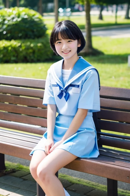 real 18 year old woman、Sitting on a bench、Light blue sailor suit、Light blue short skirt、light blue panty、Short black hair、a smile、soio、a park、hight resolution、top-quality