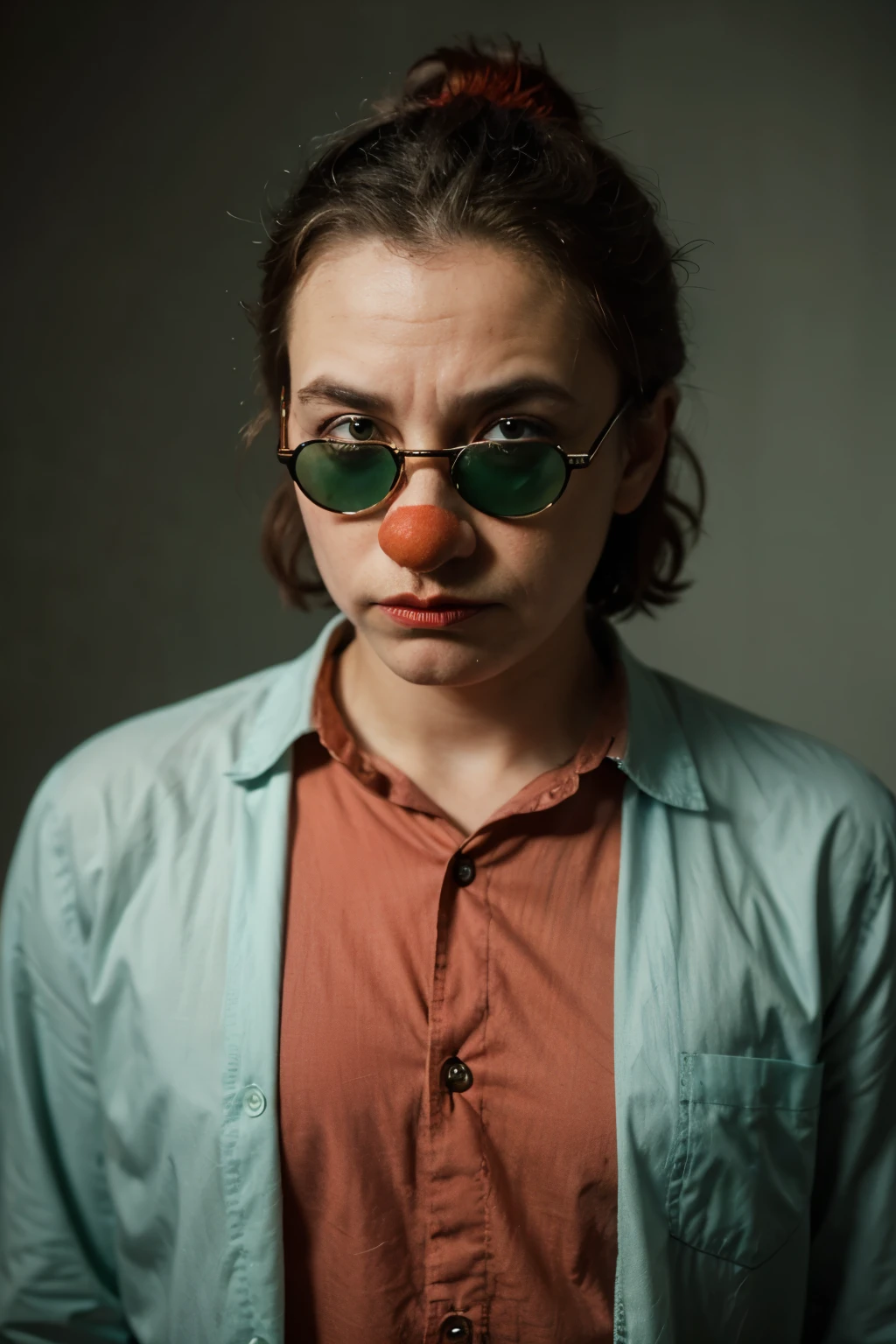photograph of a sad clown thinking about the money he is losing with shades of green