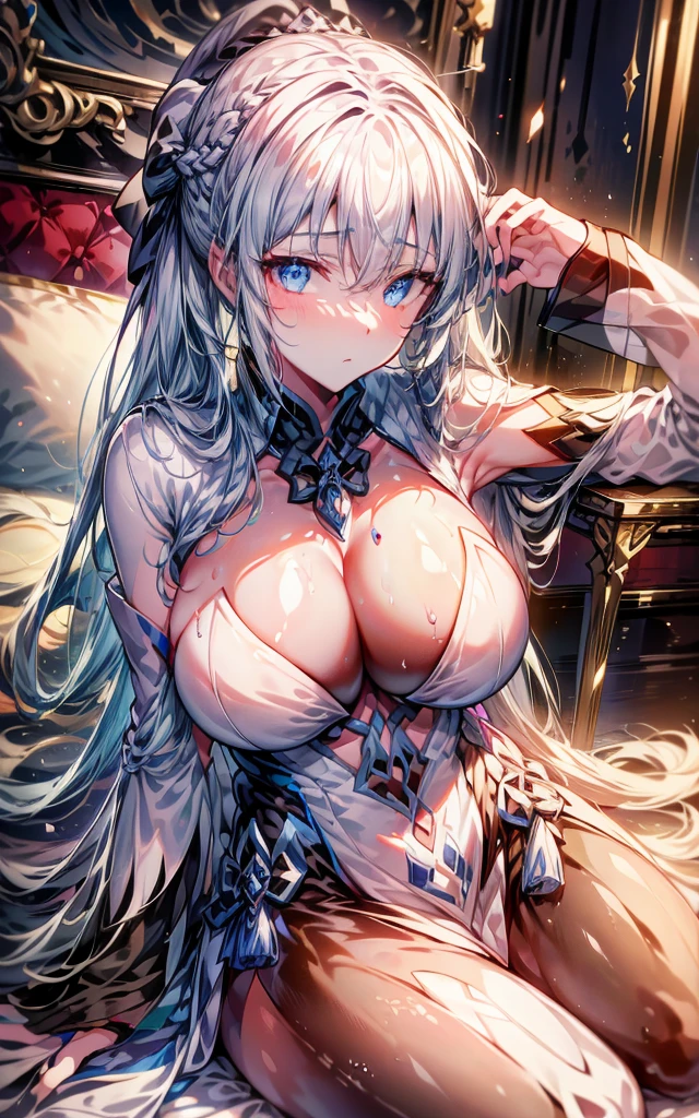 (Enrich the picture,Masterpiece level quality)Beautiful 8K CG artwork,1girl,solo,morgan le fay (fate),detailed face, perfect face, perfect eyes,blue eyes,Long Hair, pony tail,Very long hair, big boob, black bow,Hair Bow, thights,side locks, French braid, grey hair,Goddess-like posture,Kneeling exercise,Slim and soft,Translucent skin,big breasts,