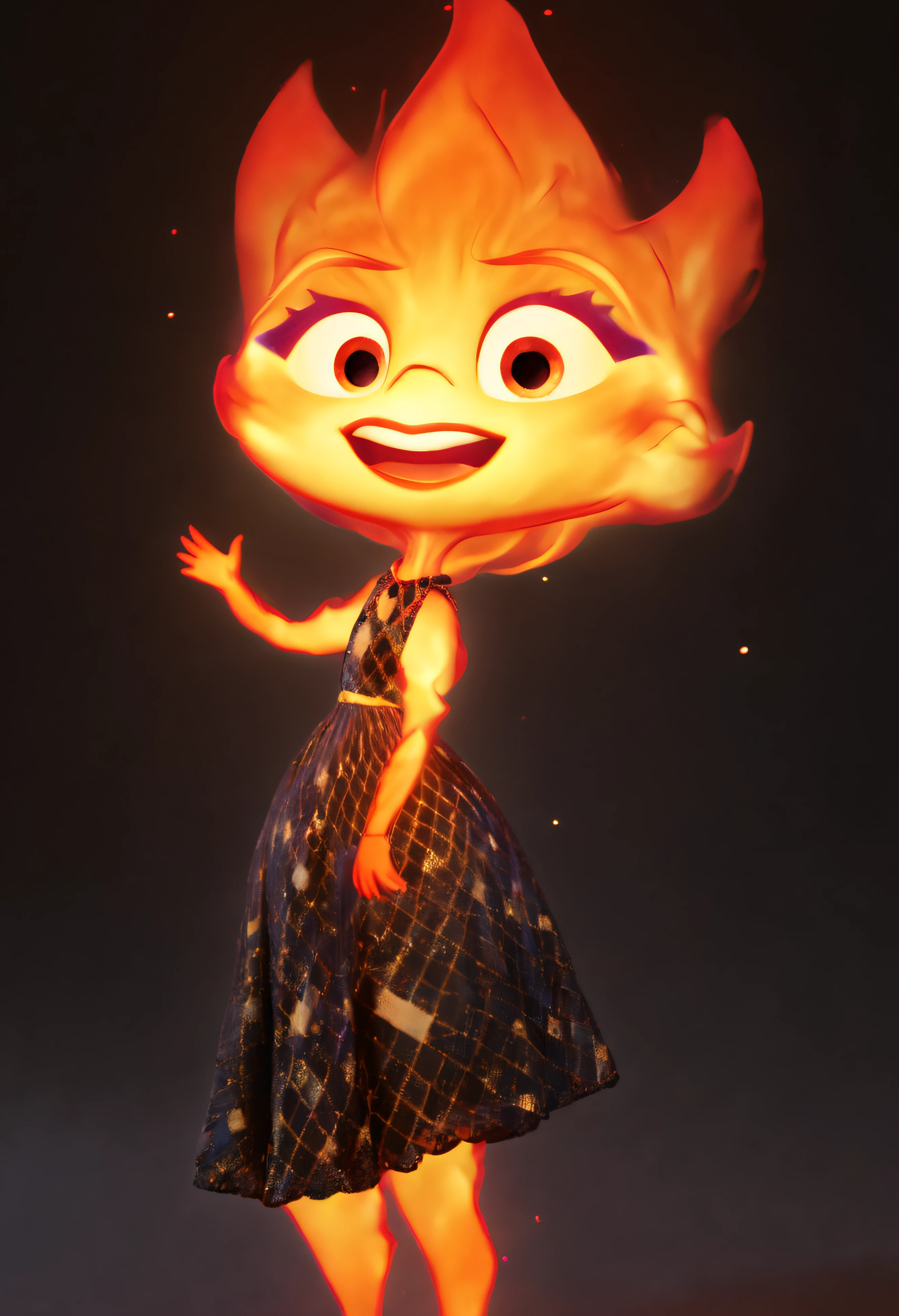 concept art ember lumen, cute small ember, small ember holds a toy star and reaches up with her hand to up, raised hand, stretches upwards, happy, ((excited) ember lumen face), view from the side, three quarters view, highly detailed 3d render, perfect vfx, vivid fire artstyle, black background