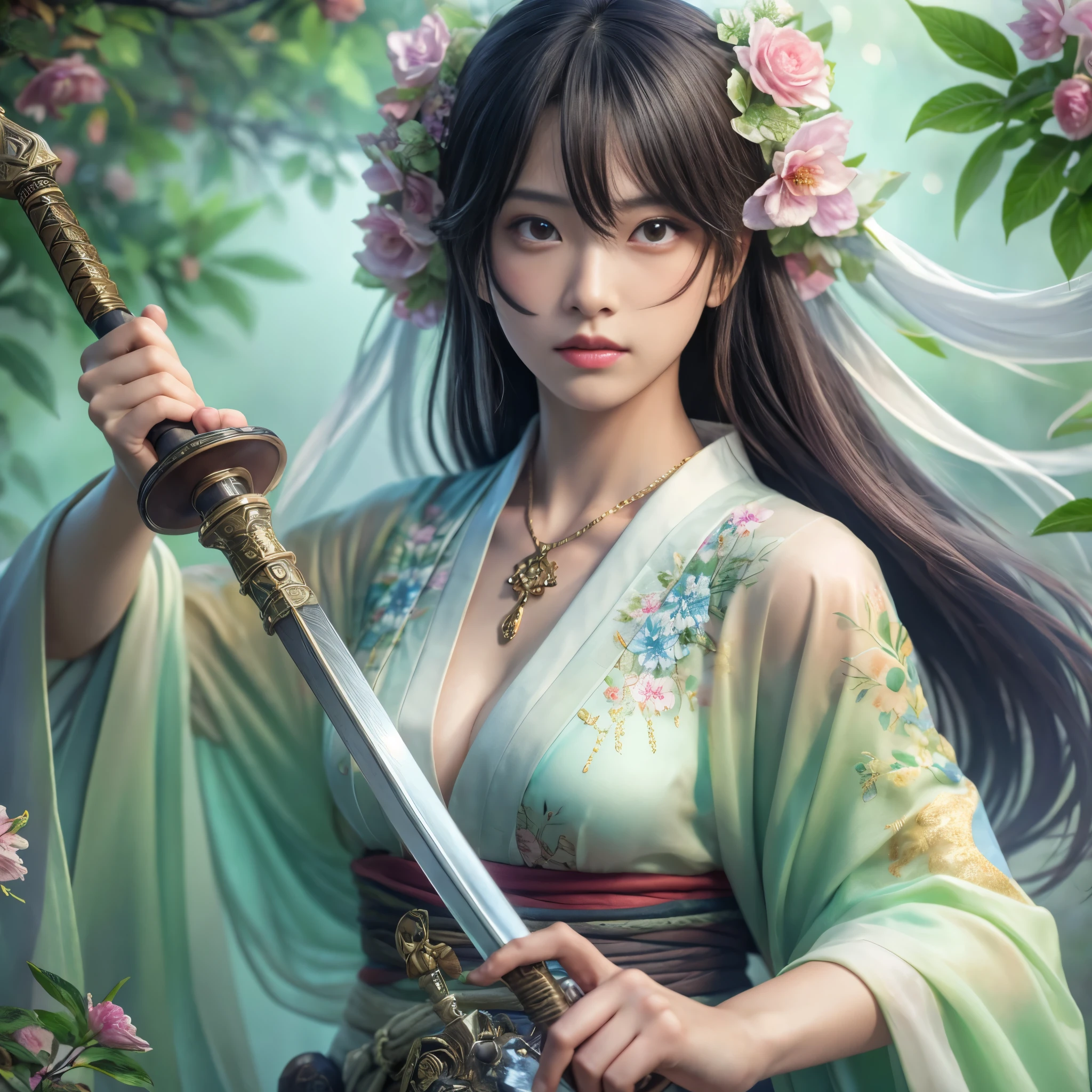 (Raw photo:1.2), (Photorealistic), Beautiful detailed girl, Very detailed eyes and face, Beautiful detailed eyes, Huge file size, High resolution, Very detailed, Best Quality, [masutepiece:1.6], Illustration, Very detailed, Fine detail, Best Quality, 8K Wallpaper, Movie Lighting,-yeld fee student, Female Swordsman, cabelos preto e longos, White kimono with open chest, Legendary sword, See-through kimono, serious facial expression, Slim body, Young Face, Smaller chest, Immature body,In the foggy forest, Floral hair ornament
