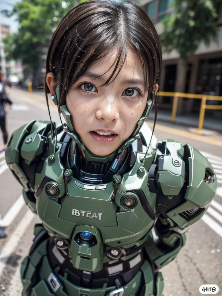 Textured skin, Super Detail, high details, High quality, Best Quality, hight resolution, 1080p, hard disk, Beautiful,(War Machine),beautiful cyborg woman,Dark Green Mecha Cyborg Girl,Very Shorthair、Fulll body Shot、Hanging eyes　Foxtail　sweaty brown eyes、Sweaty face、Bitter expression　Drooling from the mouth　Moist eyes　　Looks spicy　(The limit of patience) crouch down　squatt　The vagina is visible