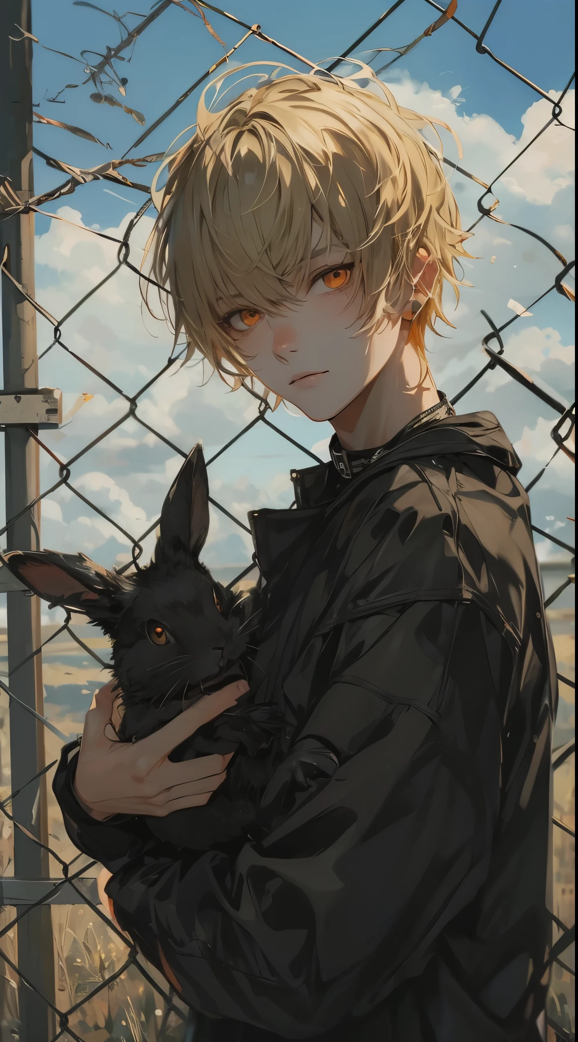 Beautiful young man, blonde hair, orange eyes, short hair, grabs black rabbit by the neck and lifts it up, delinquent, cool black outfit, deviousness, fence and cloudy background,high quality, amount of drawing, pixiv illustration