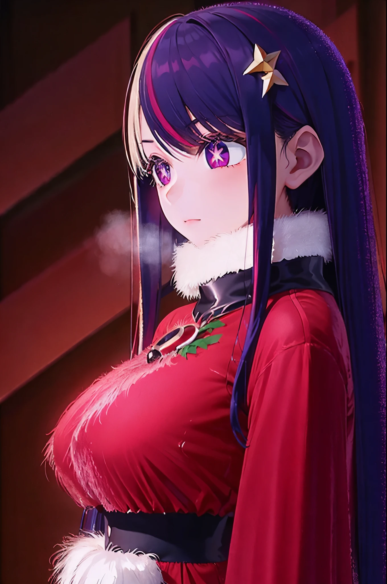 Hoshino Ai, long hair, purple hair, streaked hair ,purple eyes, star-shaped pupils, hair ornament, by a chirmast tree looking at her presents  sntdrs, red santa dress,
fur
belt