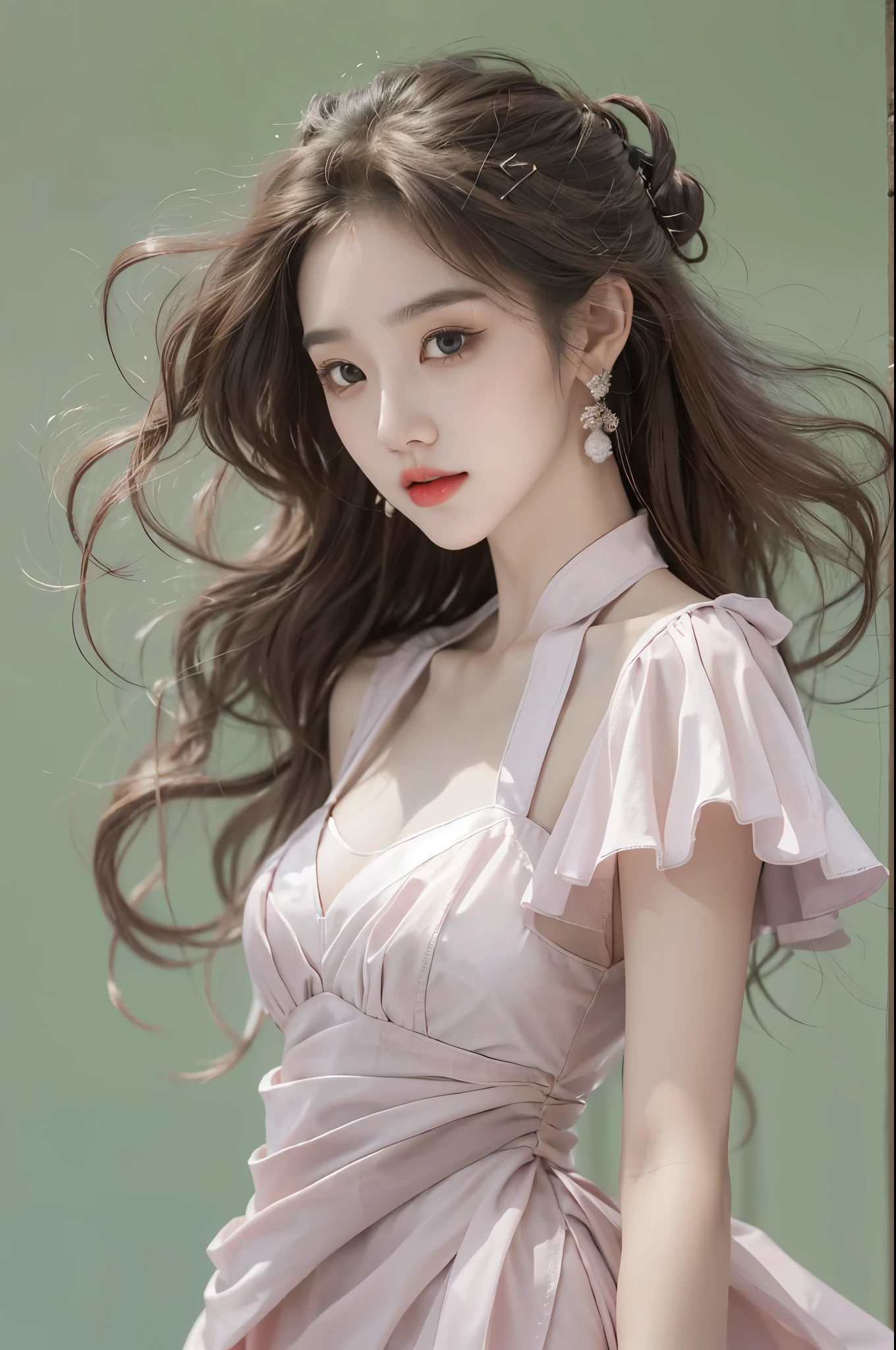 1girl, korean kpop idol and model ,23 years old,soft body, fair skin,close-up, 8k, RAW photo, best quality, masterpiece,realistic, photo-realistic,cute, wrap dress , earrings, High image quality, full body, ribbon tie, ponytail hairstyle
