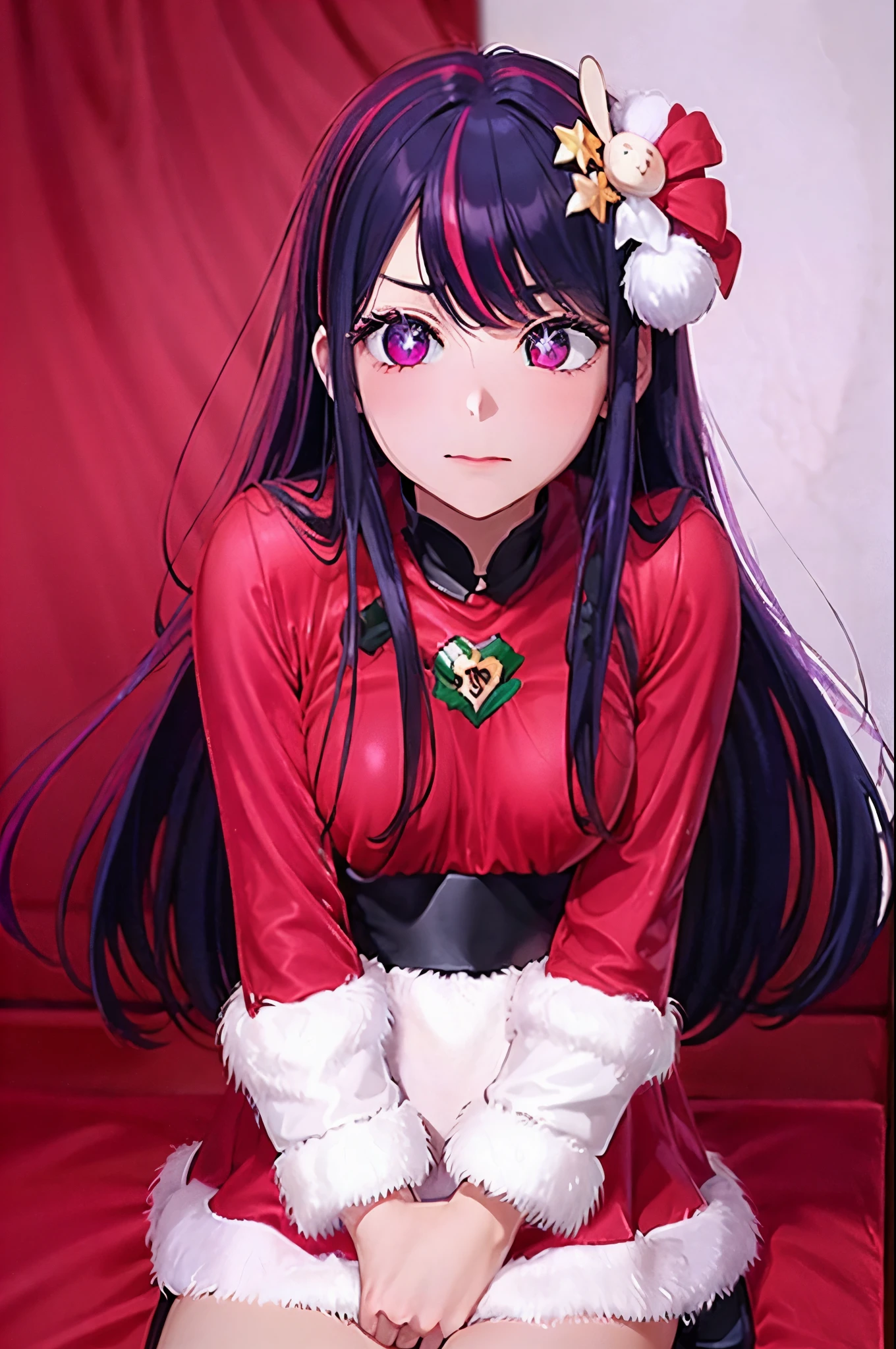 Hoshino Ai, long hair, purple hair, streaked hair ,purple eyes, star-shaped pupils, hair ornament, by a chirmast tree looking at her presents  sntdrs, red santa dress,
fur
belt