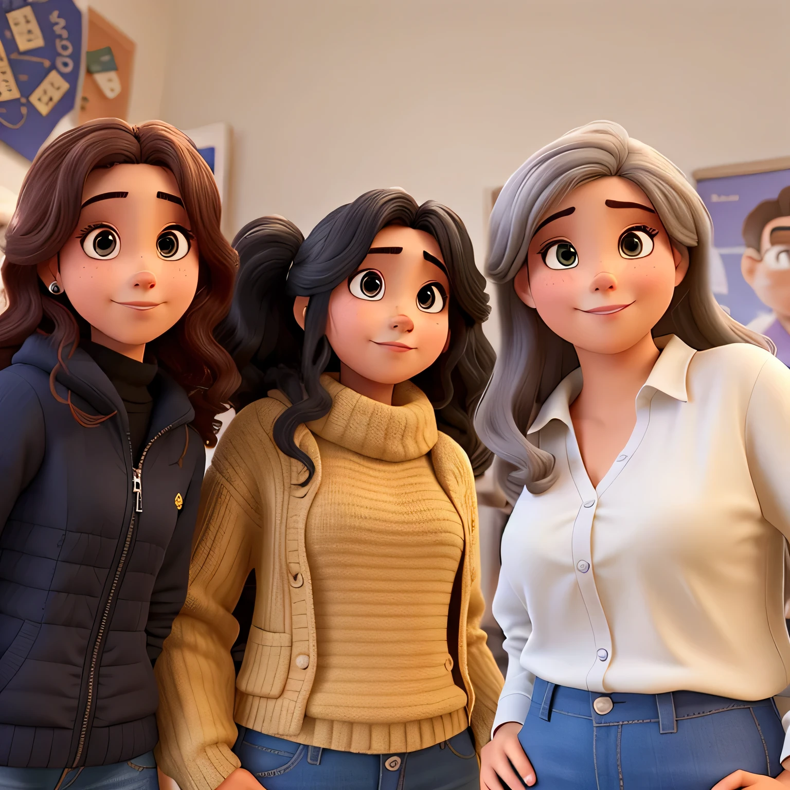 Estilo Pixar, alta qualidade, three girls, a do meio tem o cabelo preto, a meninamisa branca tem o cabelo loiro