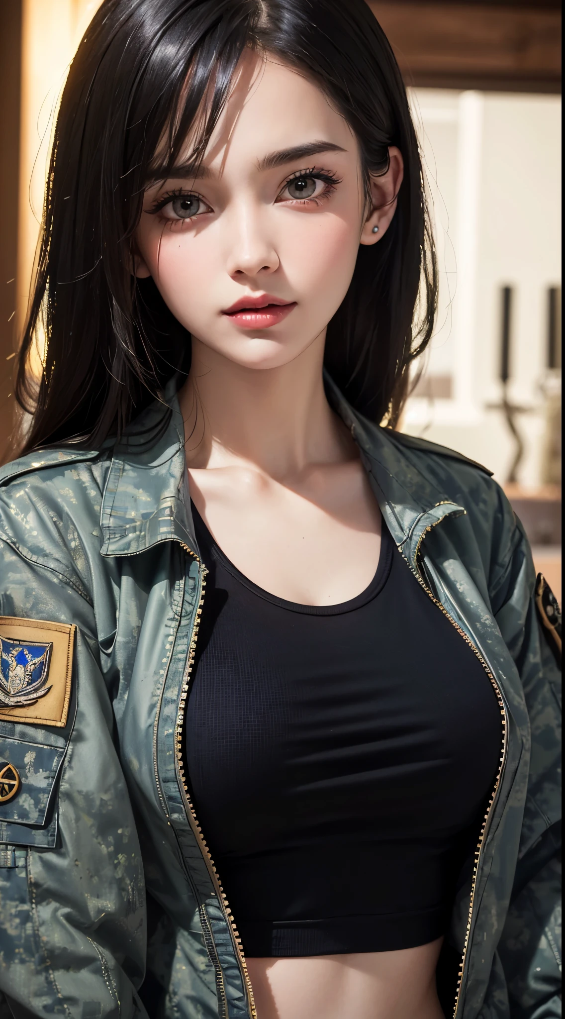 (UHD, retina, masterpiece, accurate, anatomically correct, textured skin, super detail, high details, high quality, best quality, high res, 1080P, HD, 4K, 8k, 16k), (beautiful detailed eyes, beautiful detailed lips, extremely detailed eyes and face), studio lighting, physically-based rendering, vivid colors, (large breasts, glamorous body), (military jacket:1.5), (black tank top), (portrait, shiny hair, shiny skin, blush), (bokeh), eye reflection,