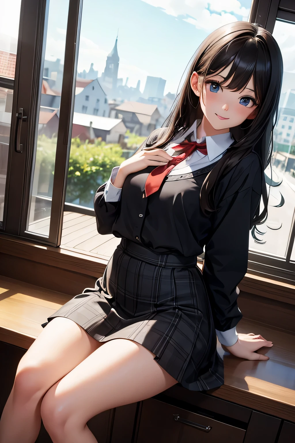 Very cute and beautiful girl,(very detailed beautiful face and eyes:1.2),Smile,Cowboy Shot, (white blouse with small frills),Long sleeve BREAK sitting on white bed sheets,Spread legs,White panties, Dynamic Angle,Hair Ribbon,Black hair,hime-cut,(scarlet plaid miniskirt) BREAK antique bedroom,plush furnishings, (Best Quality,masutepiece:1.2),(Intricate details),Extremely detailed,hight resolution, Solo,Cinematic scene,Hair fluttering in the wind,