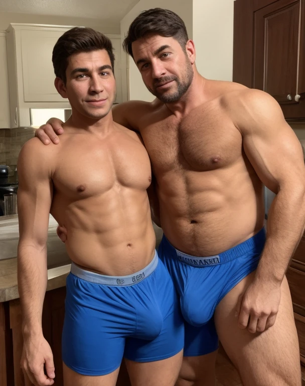 Handsome 45 year old man and his son, in tight and elastic boxers, with a huge bulge in the crotch, se tiene que ver la cara