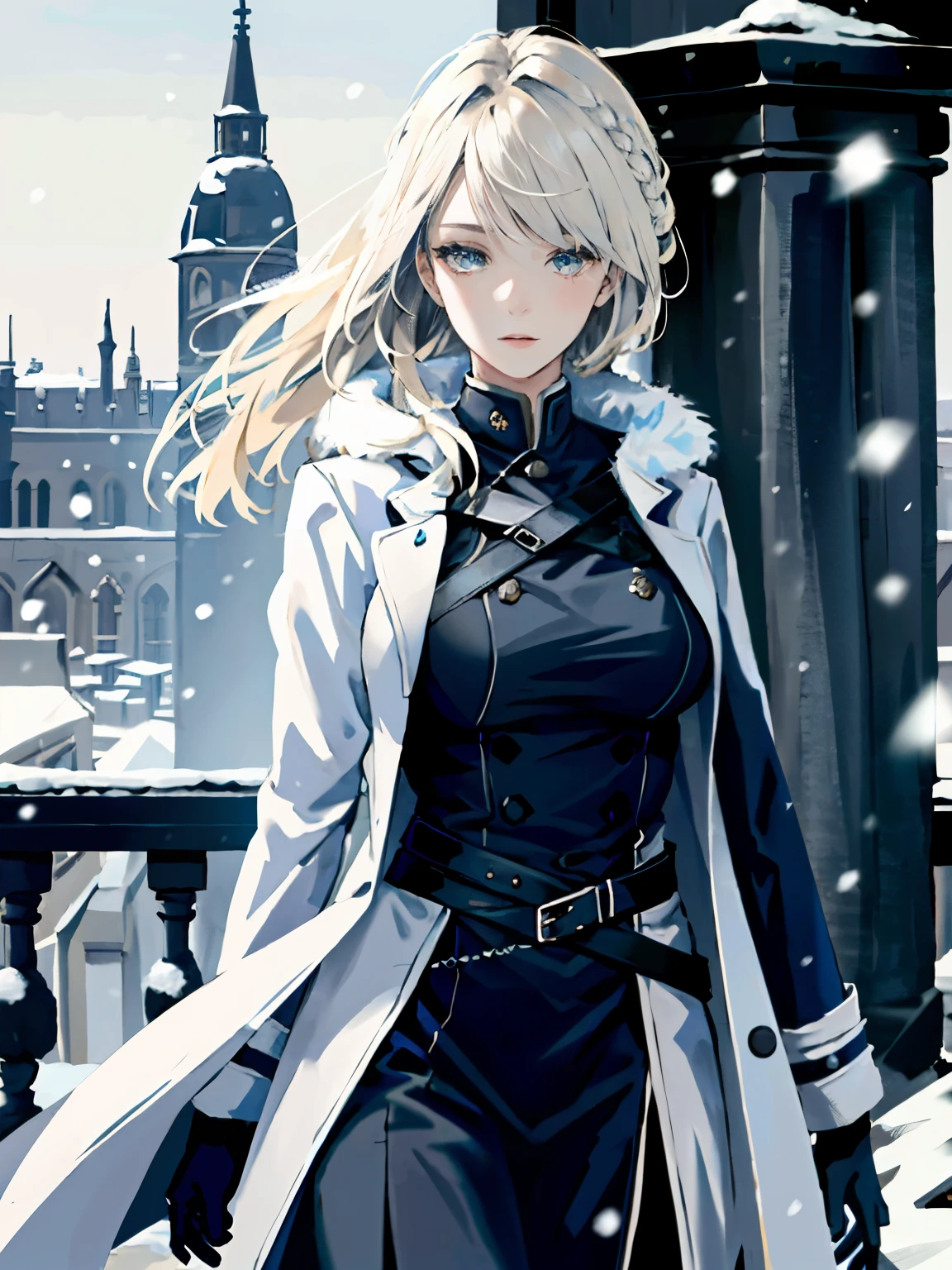 (highest resolution, distinct_image) Best quality, single person, one girl, solo, masterpiece, highly detailed, realistic, long hair, braided white blond hair, (blue military uniform underneath coat), depth of field, outdoor background, falling snow, ((big breasts)), authoritative, dignified, calm and powerful expression, ambient lighting, exquisite facial features, fur trimmed white coat, open coat, looking at viewer, head to waist, in a terrace of a monumental building, (((front bangs))), dynamic angle, striking a pose