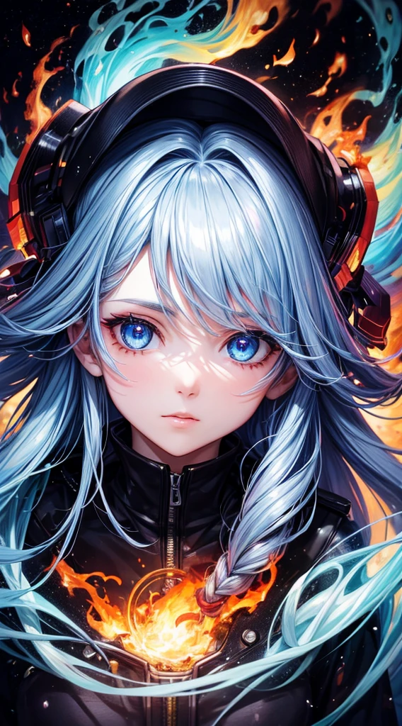 A portrait of a person with surreal elements: galaxy eyes and hair made of flames.
