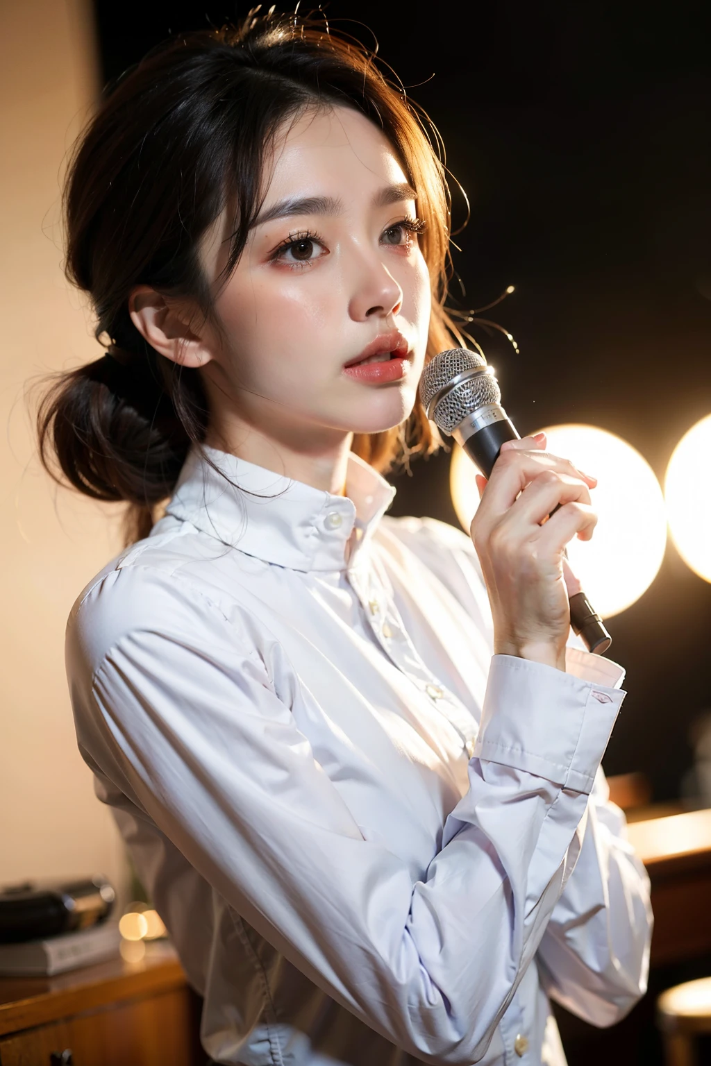 ((Best quality at best)), ((tmasterpiece)), (Detailed pubic hair), background in businesemale upper body,Natural round face,frontage,Singing,long sleeve work uniform,Hair tied up,中景 the scene iackground bokeh