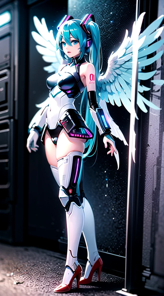 (((hatunemiku VOCALOID))), twintail, turquoise hair, mecha, 1girl, cyberpunk, realistic, mechanical parts, ((((Angel wings)))), high heels, armor color((((white)))), beautiful art,