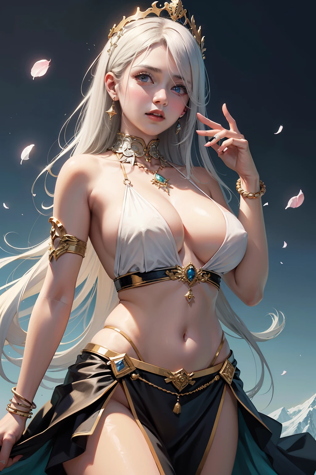 Fairy portrait rendered in oil painting and cg, Blue Themes, a woman with long White hair wearing sleeveless shirt with a crown in falling rose petals, jewely, pearls_(Pedras preciosas), 耳Nipple Ring, bangle, eBlue eyes, eyeslashes, SakuraNS, White hair, Redlip, Keep your mouth shut, Open, Detailed anime soft face, fair skin, beads of Eau, of shoulders, The upper part of the body, Eau, nipple chain, naturey, Raise Hand, ventania, Big background.a detailed painting, author：Mickie, pixiv, super high detail picture, Icy cold, young goddess, 详细的脸