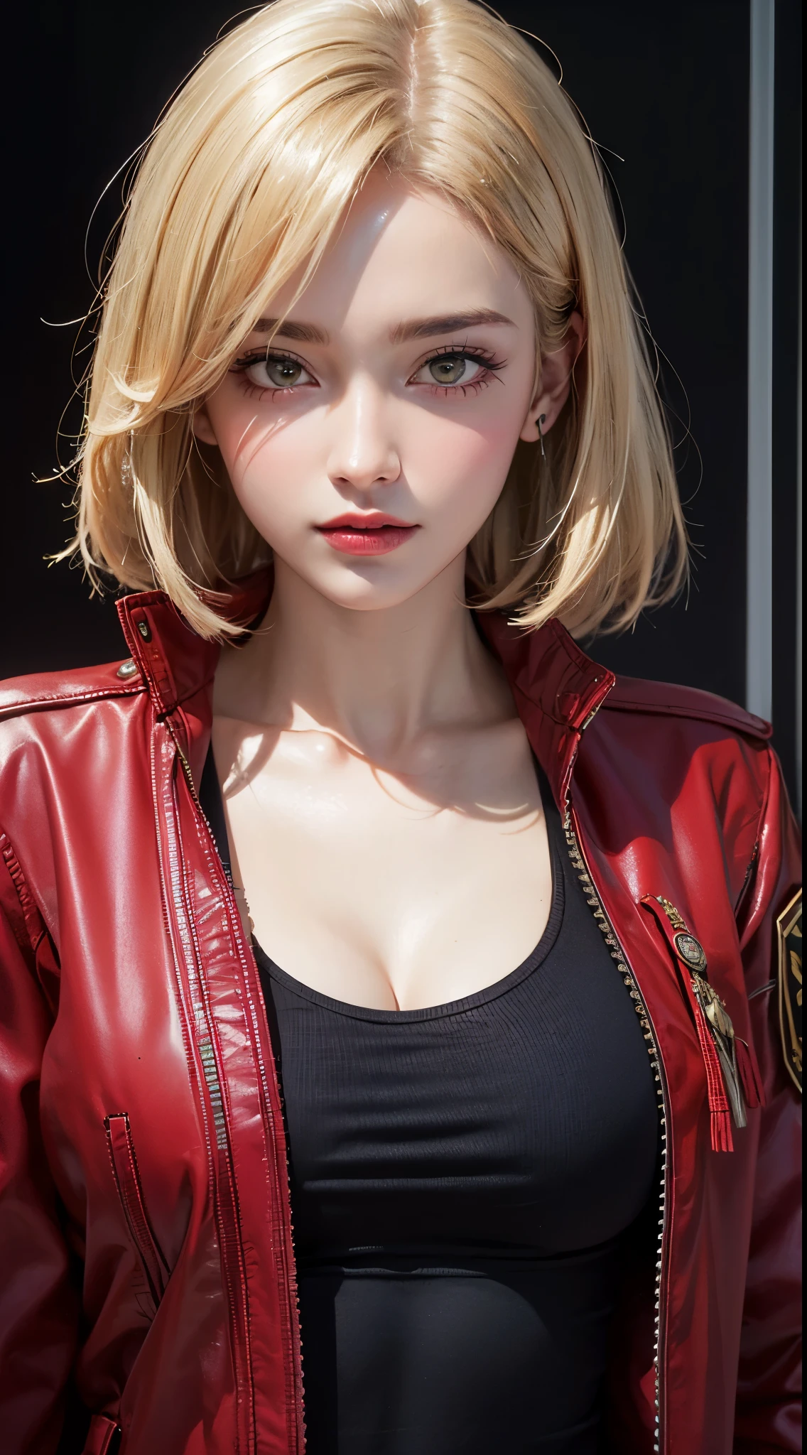 (UHD, retina, masterpiece, accurate, anatomically correct, textured skin, super detail, high details, high quality, best quality, high res, 1080P, HD, 4K, 8k, 16k), (beautiful detailed eyes, beautiful detailed lips, extremely detailed eyes and face), studio lighting, physically-based rendering, vivid colors, (large breasts, glamorous body), (red military jacket:1.5), (black tank top, denim), (portrait, blonde hair, shiny hair, shiny skin, blush), (bokeh), eye reflection,