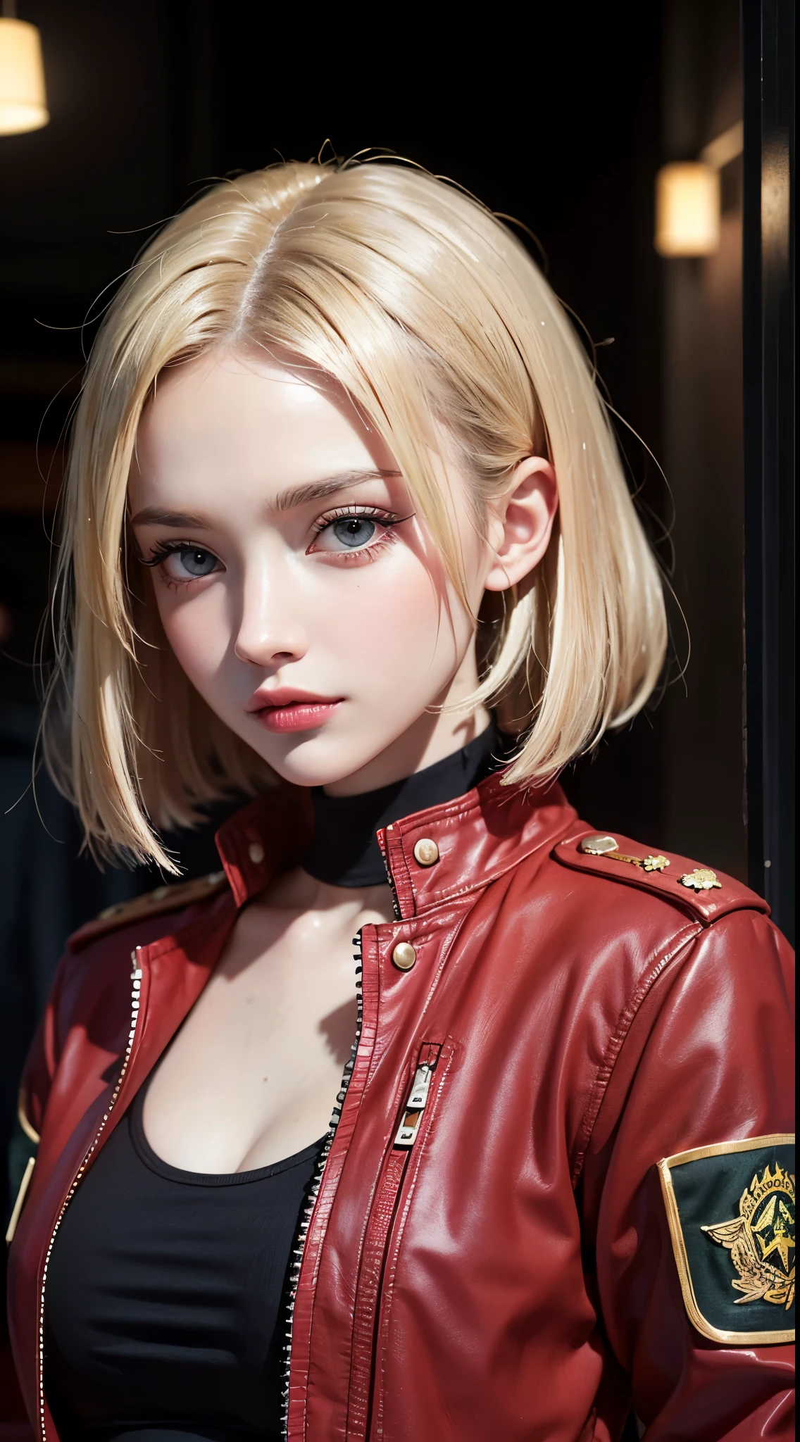 (UHD, retina, masterpiece, accurate, anatomically correct, textured skin, super detail, high details, high quality, best quality, high res, 1080P, HD, 4K, 8k, 16k), (beautiful detailed eyes, beautiful detailed lips, extremely detailed eyes and face), studio lighting, physically-based rendering, vivid colors, (large breasts, glamorous body), (red military jacket:1.5), (white tank top, denim), (portrait, bob cut, blonde hair, shiny hair, shiny skin, blush), (bokeh), eye reflection,