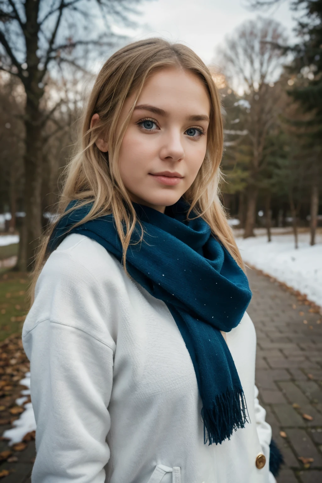 having a walk with dog, evening, winter, winter outfit, scarf, young and cute face, chubby, best quality, Meisterwerk, Realistisches Foto, Komplizierte Details, RAW-Foto, Ultra-detailliert, blondes haar, cute face, Körpchengröße B, blondes Haar, perfekte und blaue Augen, HD quality, 8K, young woman, 20 Jahre alt