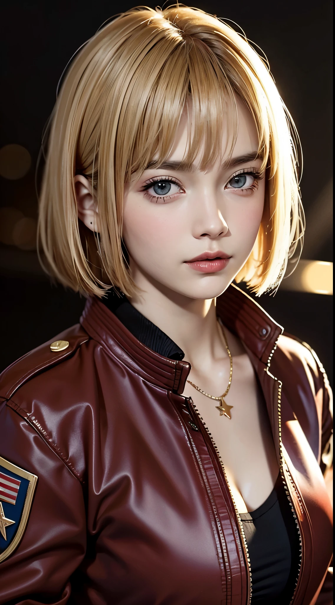 (UHD, retina, masterpiece, accurate, anatomically correct, textured skin, super detail, high details, high quality, best quality, high res, 1080P, HD, 4K, 8k, 16k), (beautiful detailed eyes, beautiful detailed lips, extremely detailed eyes and face), studio lighting, physically-based rendering, vivid colors, (large breasts, glamorous body), (red military jacket:1.5), (white tank top), (portrait, bob cut, blonde hair, shiny hair, shiny skin, blush), (bokeh), eye reflection,