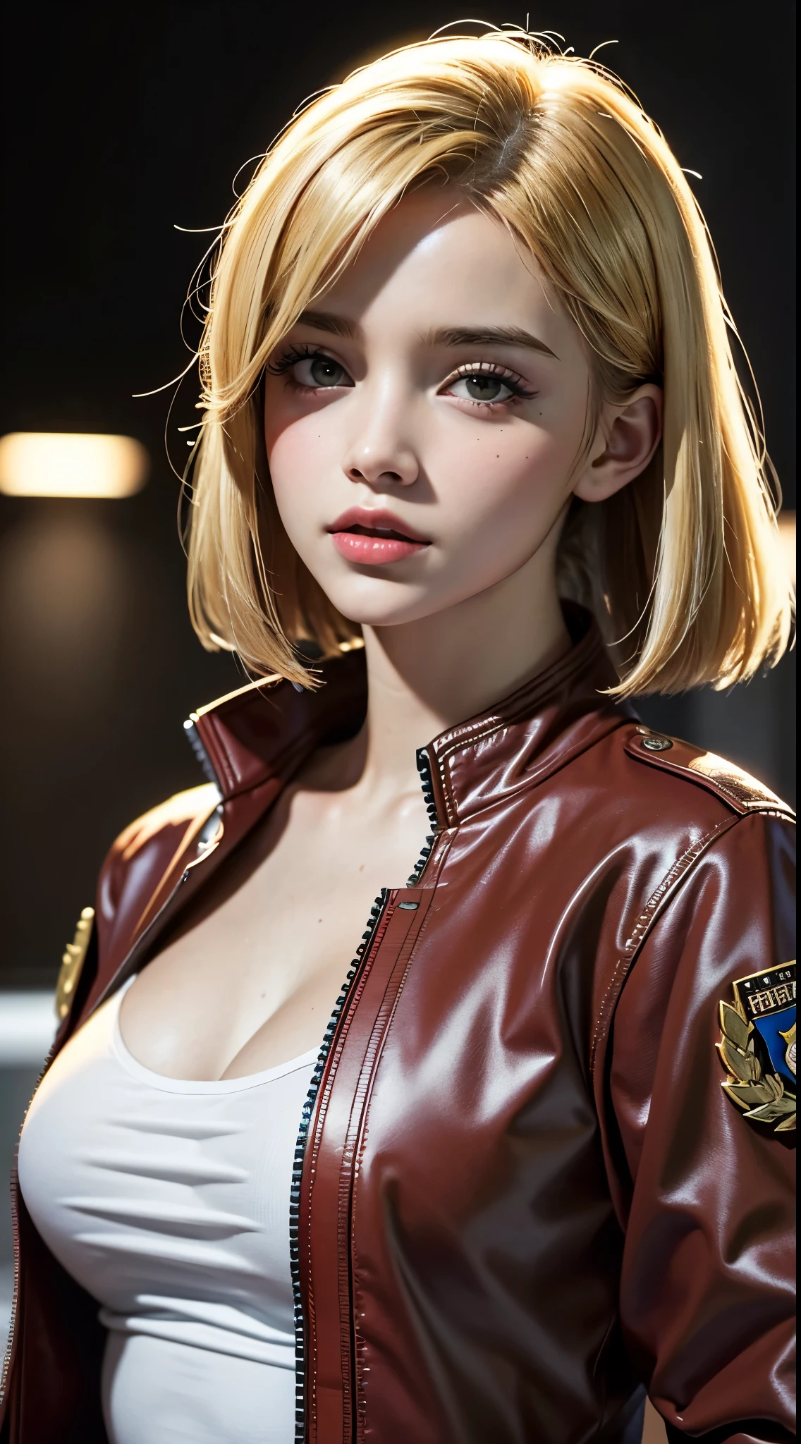 (UHD, retina, masterpiece, accurate, anatomically correct, textured skin, super detail, high details, high quality, best quality, high res, 1080P, HD, 4K, 8k, 16k), (beautiful detailed eyes, beautiful detailed lips, extremely detailed eyes and face), studio lighting, physically-based rendering, vivid colors, (large breasts, glamorous body), (red military jacket:1.5), (white tank top), (portrait, bob cut, blonde hair, shiny hair, shiny skin, blush), (bokeh), eye reflection,