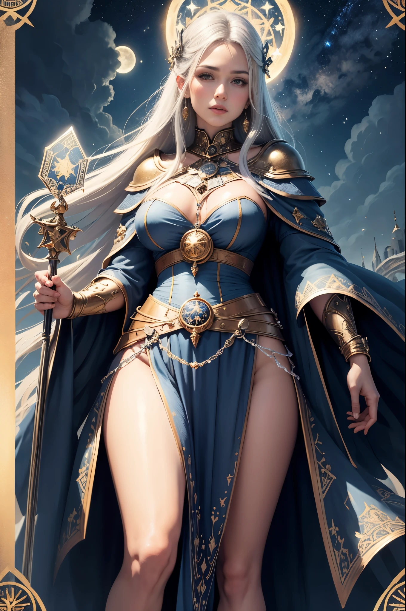 (The highest image quality),(very detailed descriptions),1 mature female,Big sword,Female Warrior Standing on a Beautiful Meadow,Scepter in hand,(full body Esbian),(Very perfect body structure),(Highly detailed and perfect face depiction),(Highly detailed details of the face),Blue Starry Sky,(Very large moon close-up),Moonlight shines through the clouds,As estrelas(glitters),garment ring), (The image is surrounded by a tarot card style border:1.5),(tmasterpiece),(Great results),(8k wallpaper),(best pictures),myth,Fantasy Theme,Ultra-realistic realism,realisticlying