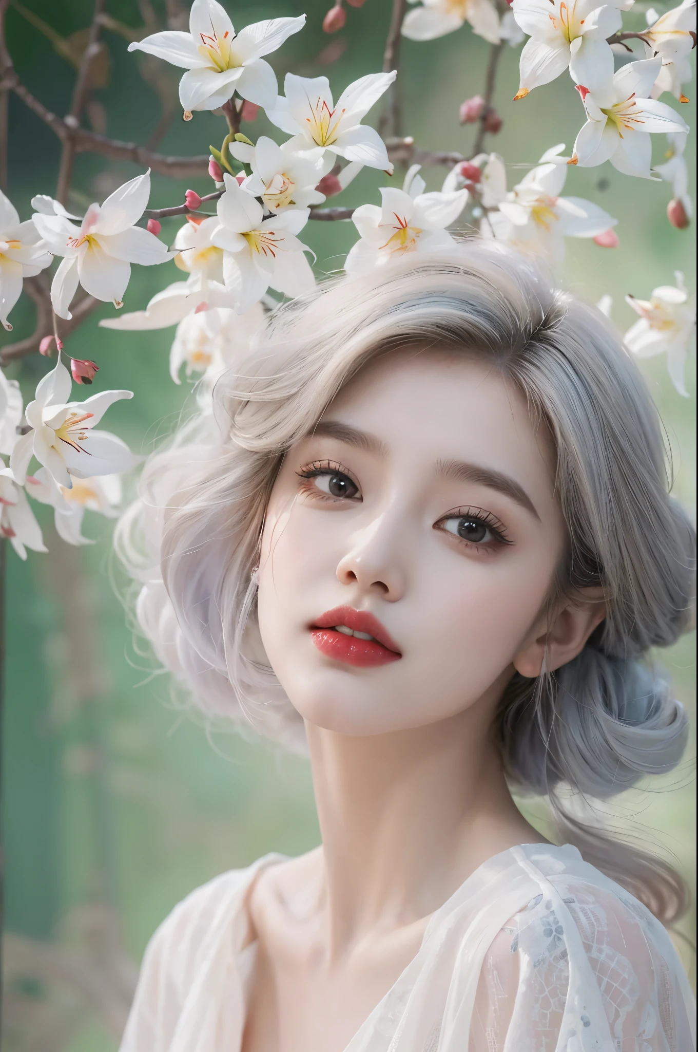 Sweet girl a skirt2,a skirt, ((oboy shooting)), Redlip, A mature woman, cosmetics, フォトリアリスティック、real photograph、((realistically:1.5))、There are white phalaenopsis around the hair,Lilac dendrobium、white lilies、1 rapariga、Brown hair、floated hair、A plump chest, slim toned body, Charming legs, Strike elegant poses, Have extremely beautiful facial features、Hairpin on the head、perfect hand、(natta、themoon、precipice)、 vectorial art、Chinese contemporary art、gentlesoftlighting、looking-down