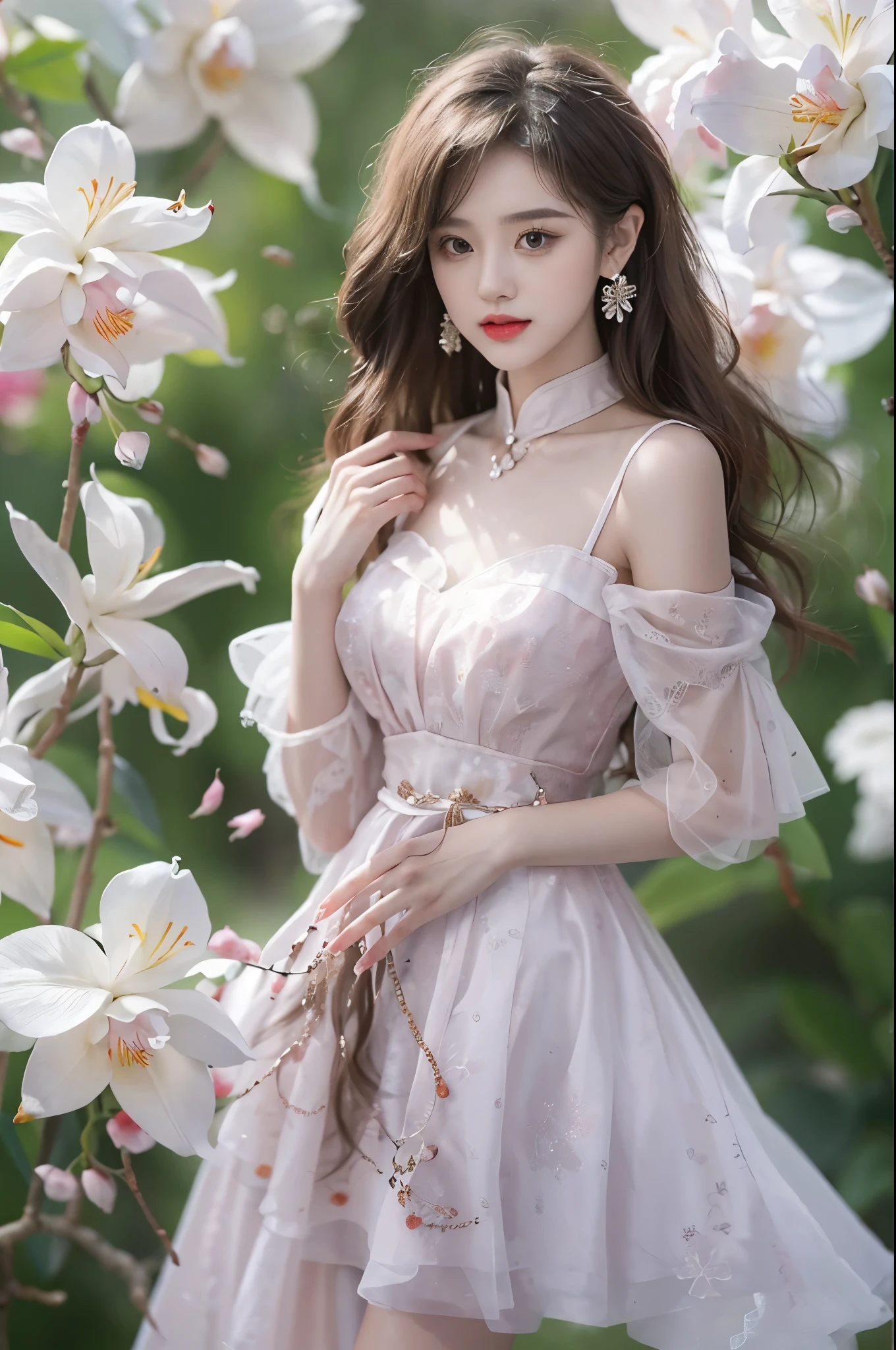 Sweet girl a skirt2,a skirt, ((oboy shooting)), Redlip, A mature woman, cosmetics, フォトリアリスティック、real photograph、((realistically:1.5))、There are white phalaenopsis around the hair，Lilac dendrobium、white lilies、1 rapariga、Brown hair、floated hair、A plump chest, slim toned body, Charming legs, Strike elegant poses, Have extremely beautiful facial features、Hairpin on the head、perfect hand、(natta、themoon、precipice)、 vectorial art、Chinese contemporary art、gentlesoftlighting、looking-down